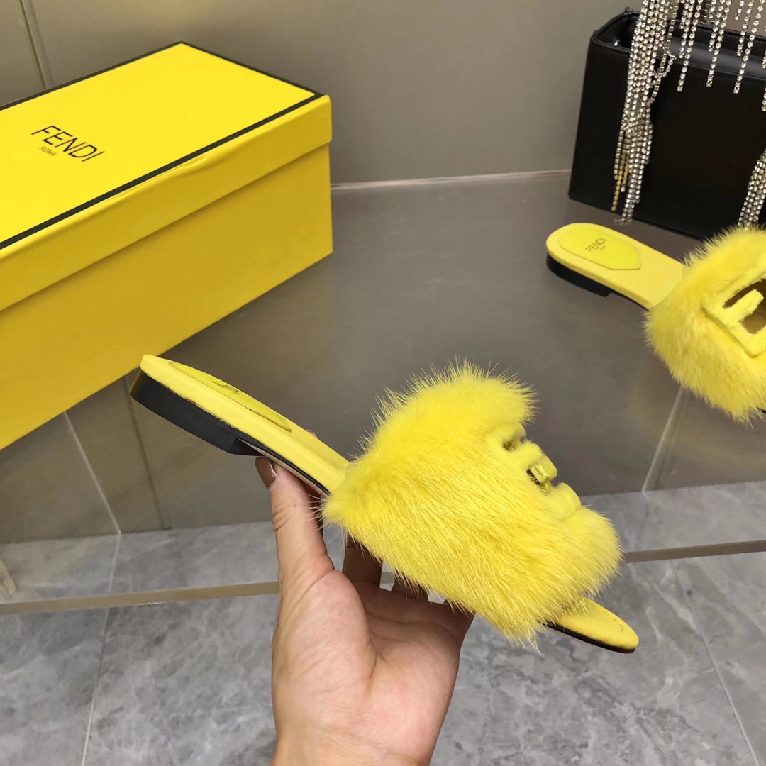 Fendi Baguette Yellow Mink Slides - FashionPlug