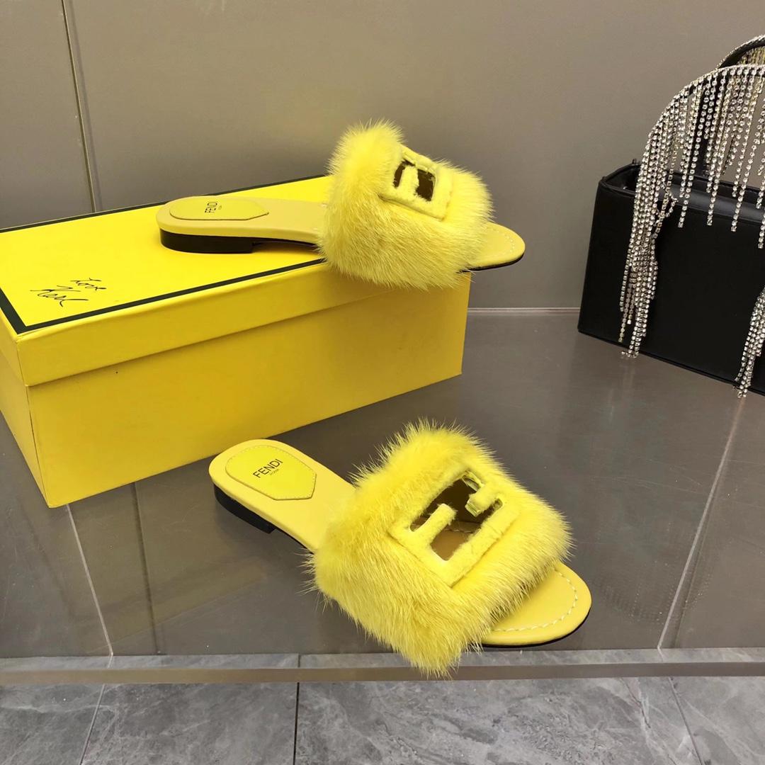 Fendi Baguette Yellow Mink Slides - FashionPlug