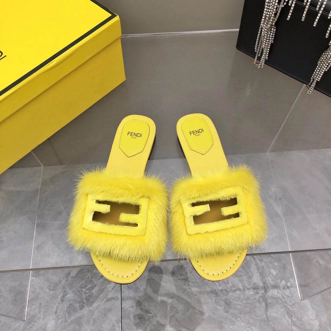 Fendi Baguette Yellow Mink Slides - FashionPlug