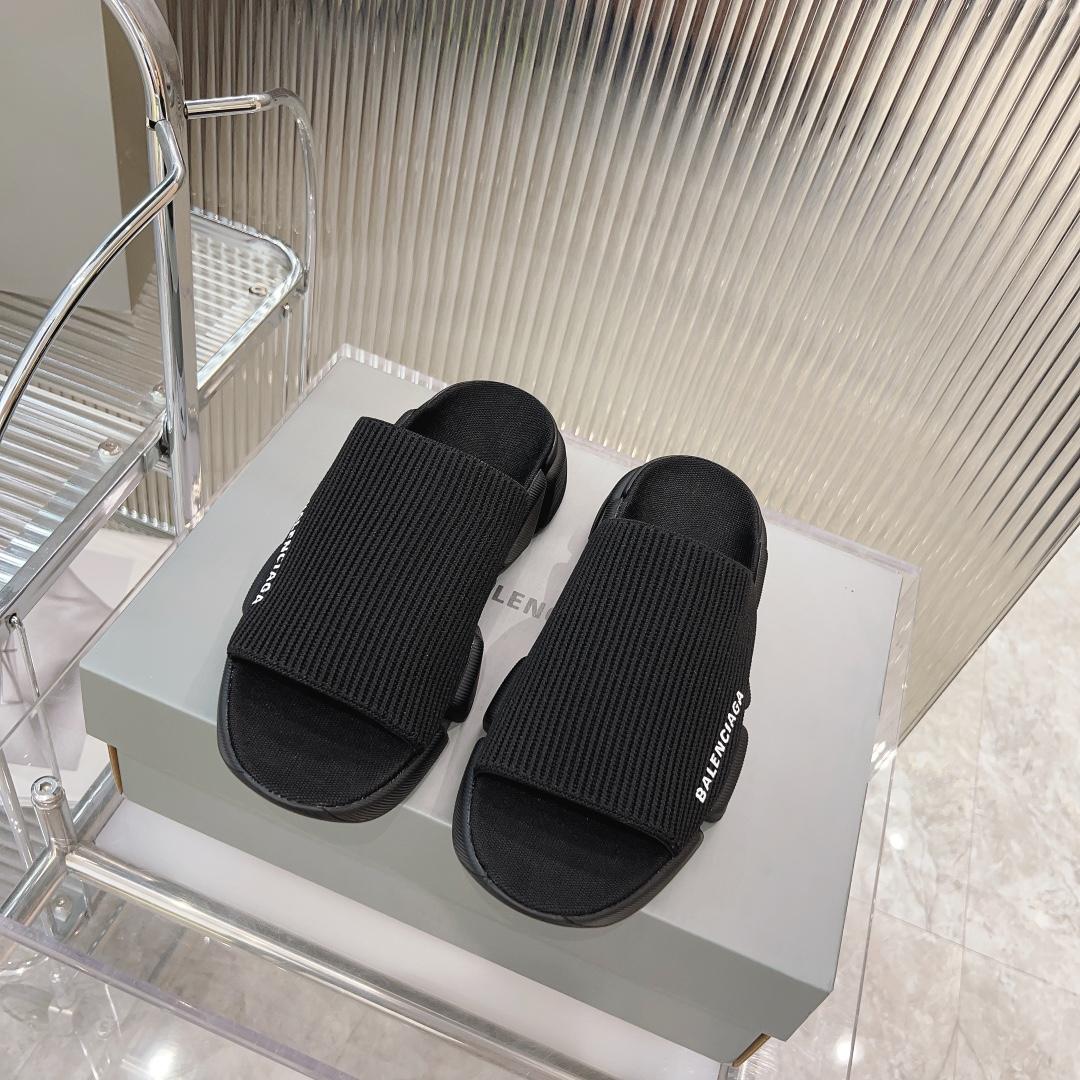 Balenciaga Speed 2.0 Slide Sandal In Black Recycled Knit - FashionPlug