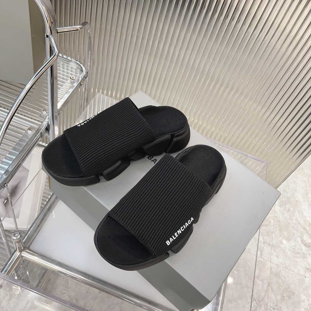 Balenciaga Speed 2.0 Slide Sandal In Black Recycled Knit - FashionPlug