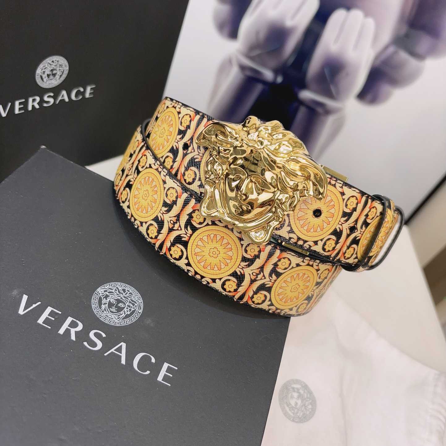 Versace La Medusa Logo-buckle Barocco-print Belt   40mm - FashionPlug