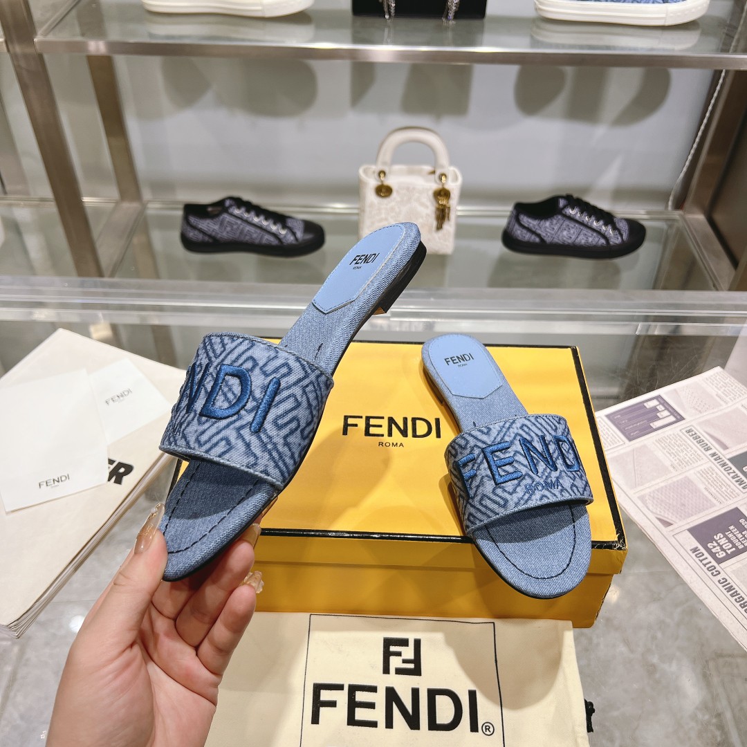 Fendi Signature Blue Denim Slides - FashionPlug
