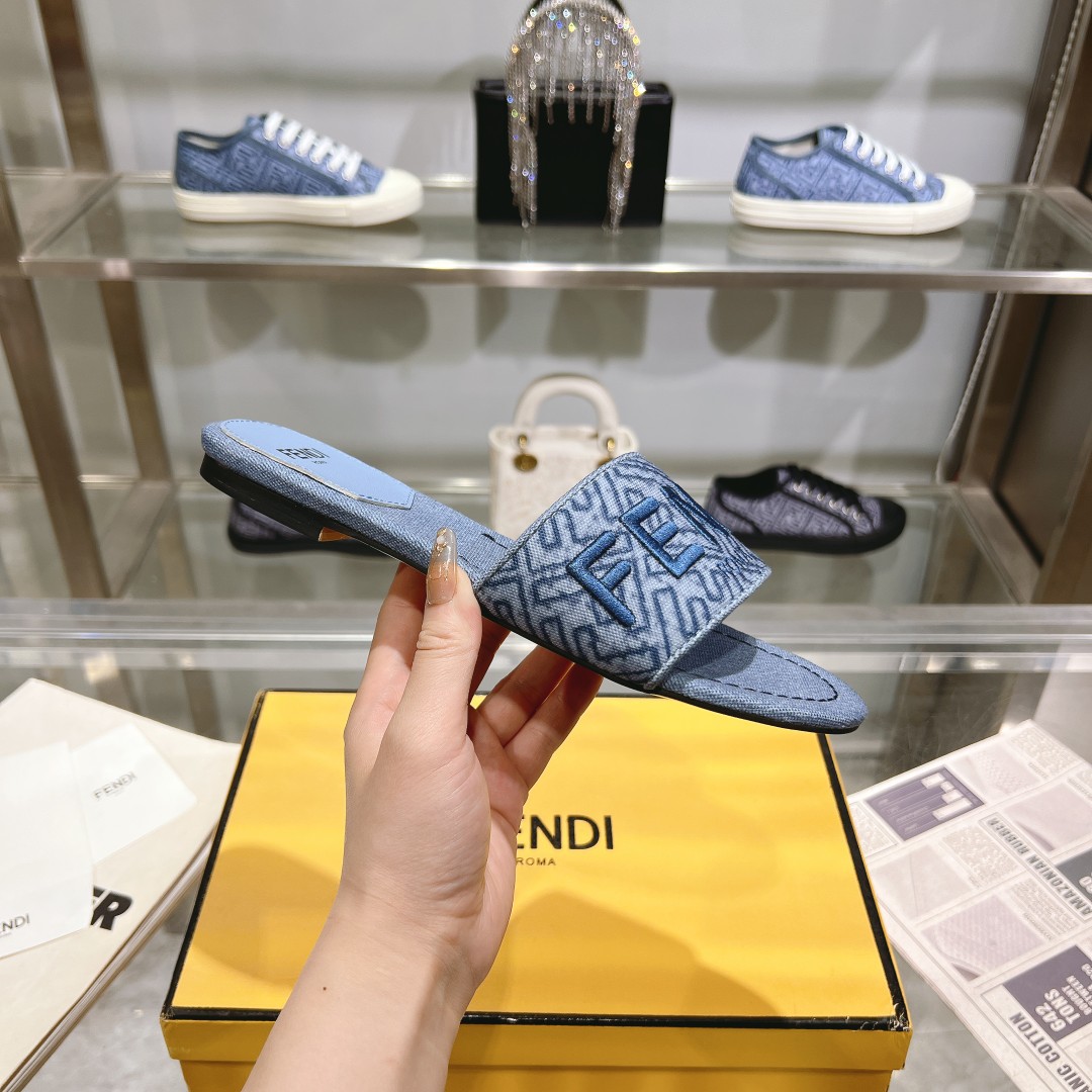 Fendi Signature Blue Denim Slides - FashionPlug