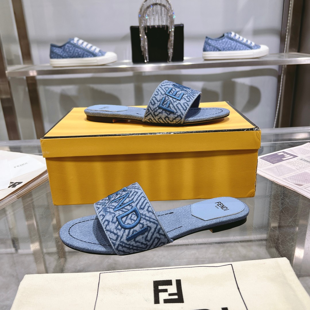 Fendi Signature Blue Denim Slides - FashionPlug
