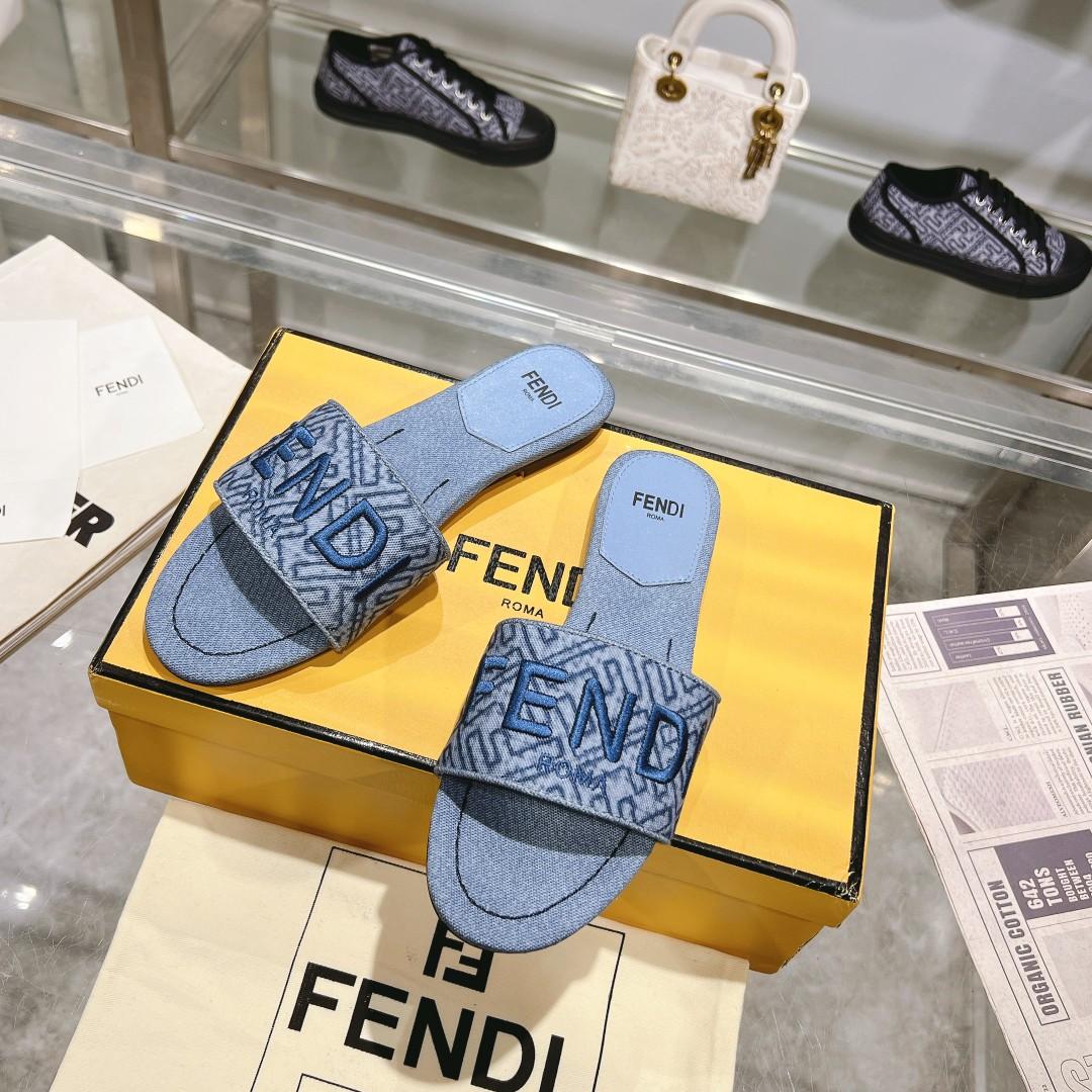 Fendi Signature Blue Denim Slides - FashionPlug
