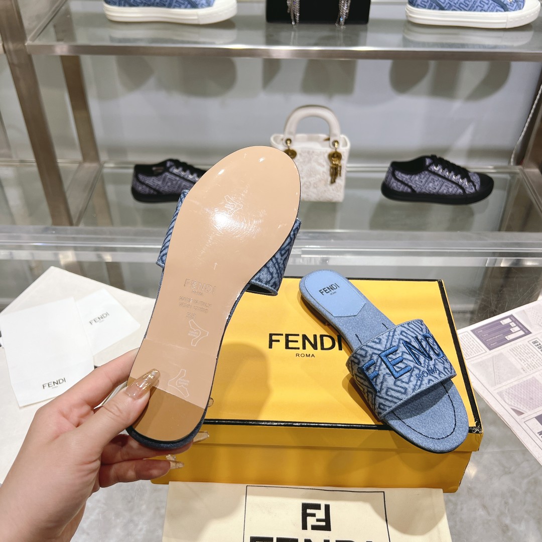 Fendi Signature Blue Denim Slides - FashionPlug