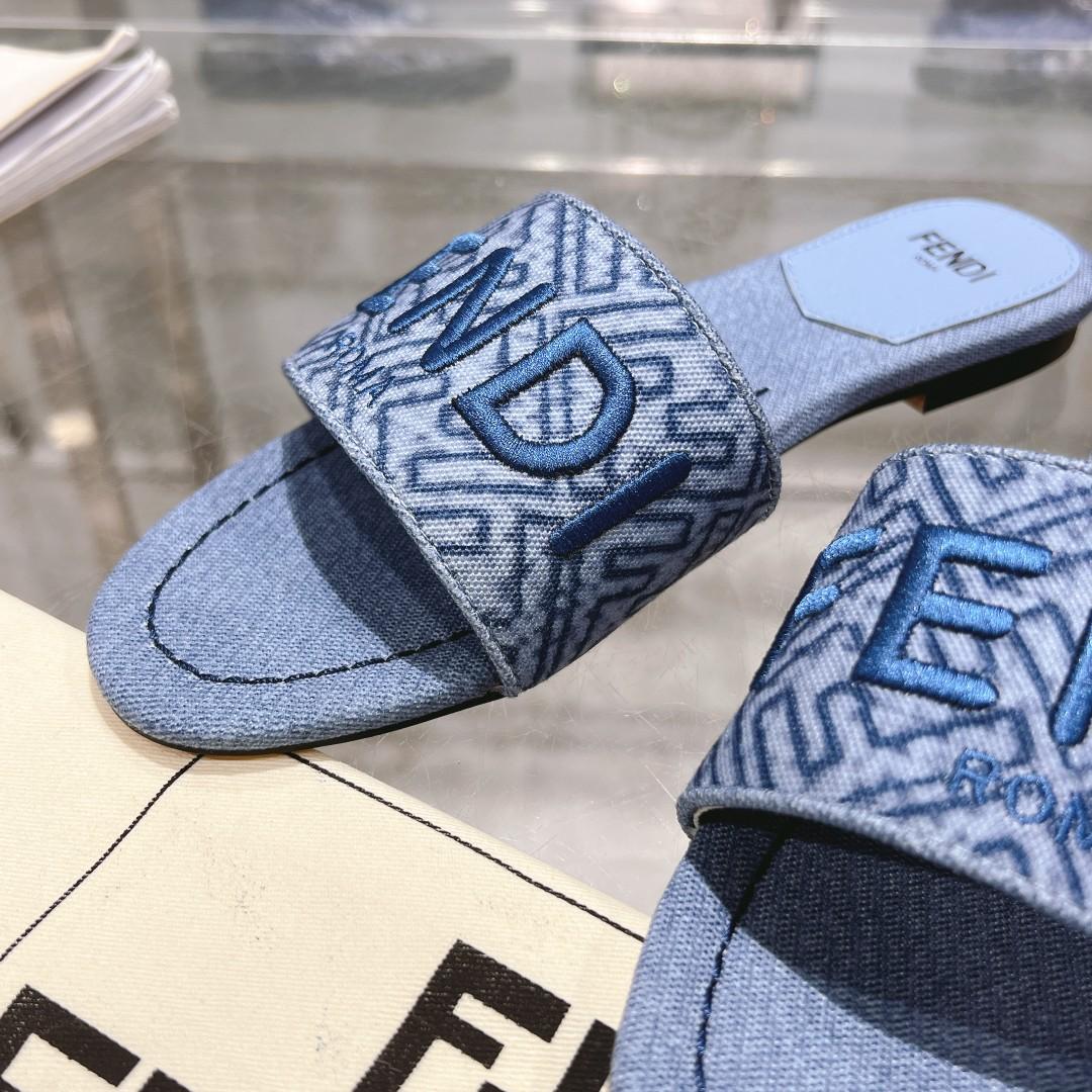 Fendi Signature Blue Denim Slides - FashionPlug