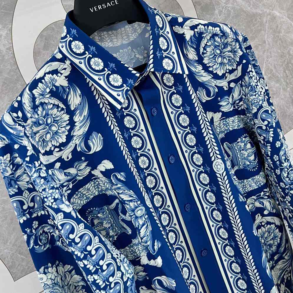 Versace Blue Baroque Silk Shirt - FashionPlug
