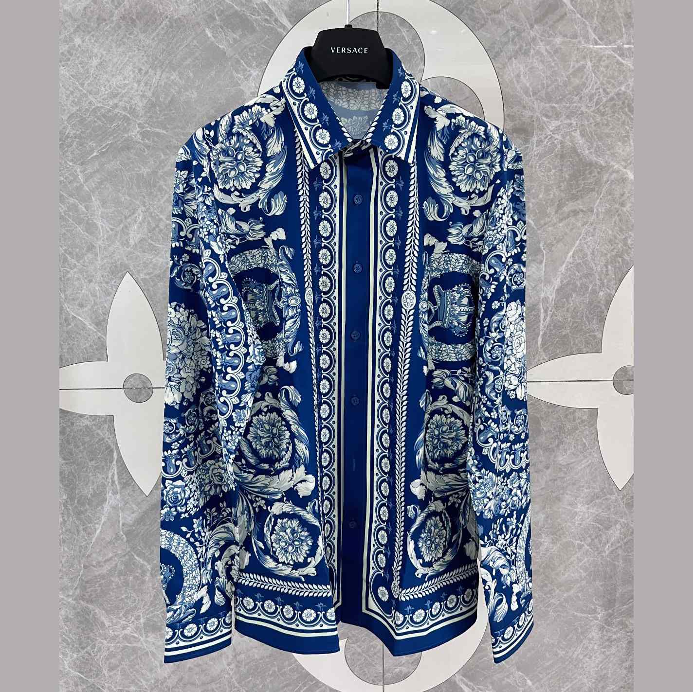 Versace Blue Baroque Silk Shirt - FashionPlug