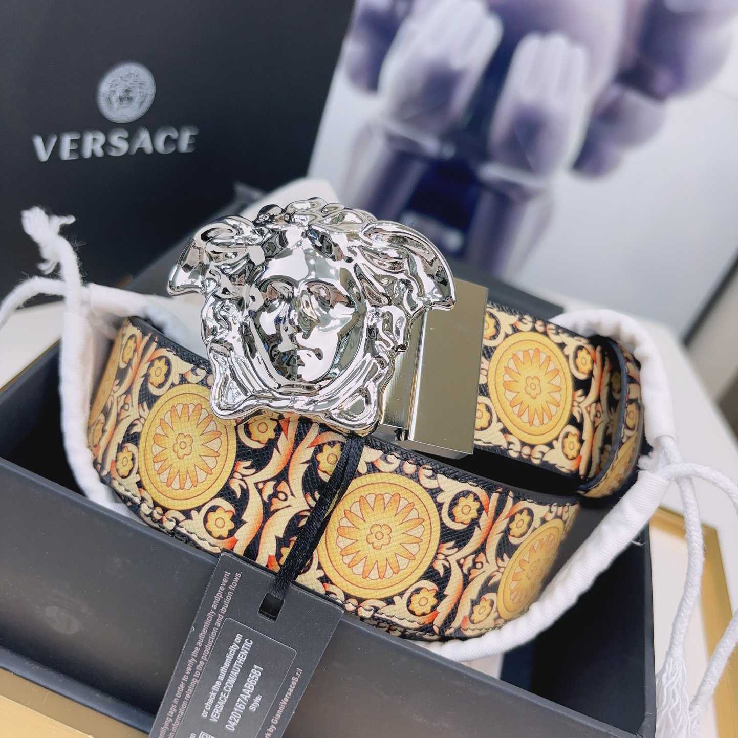 Versace La Medusa Logo-buckle Barocco-print Belt   40mm - FashionPlug