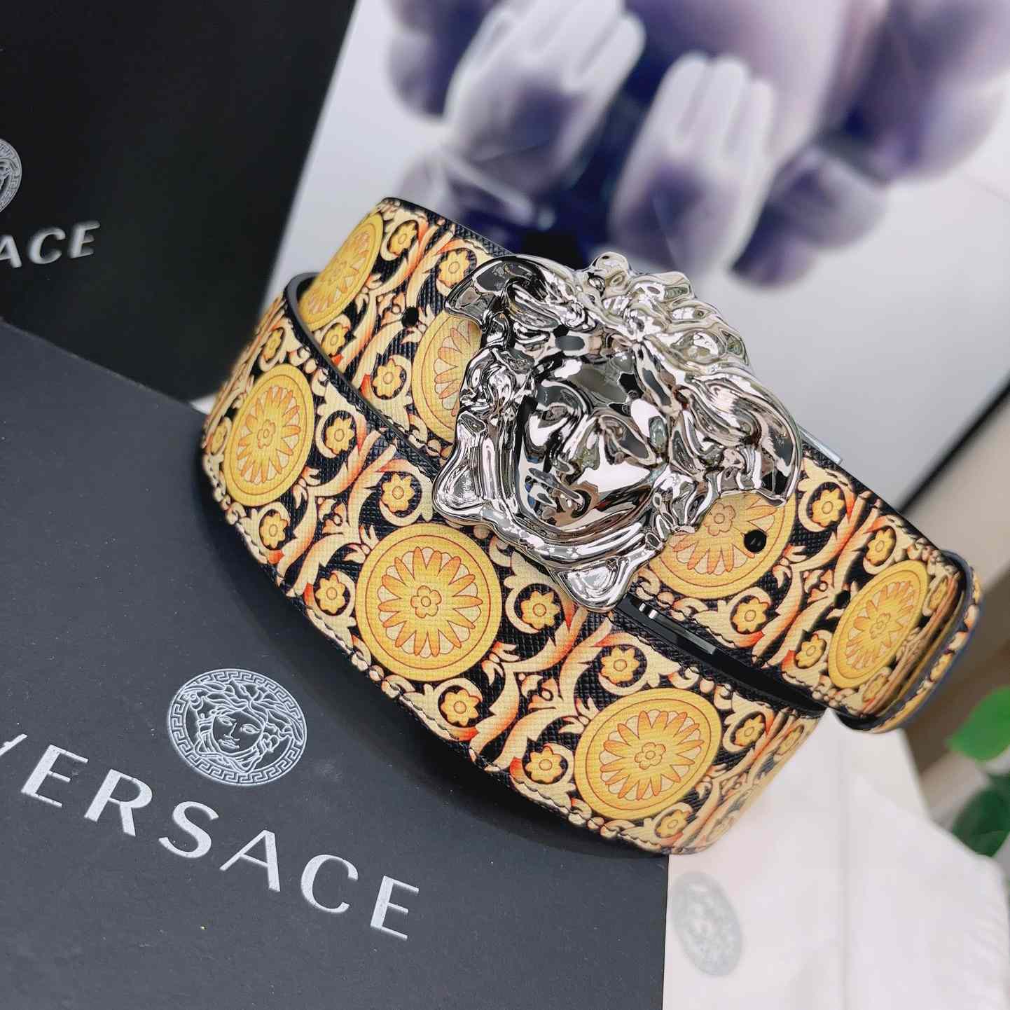 Versace La Medusa Logo-buckle Barocco-print Belt   40mm - FashionPlug