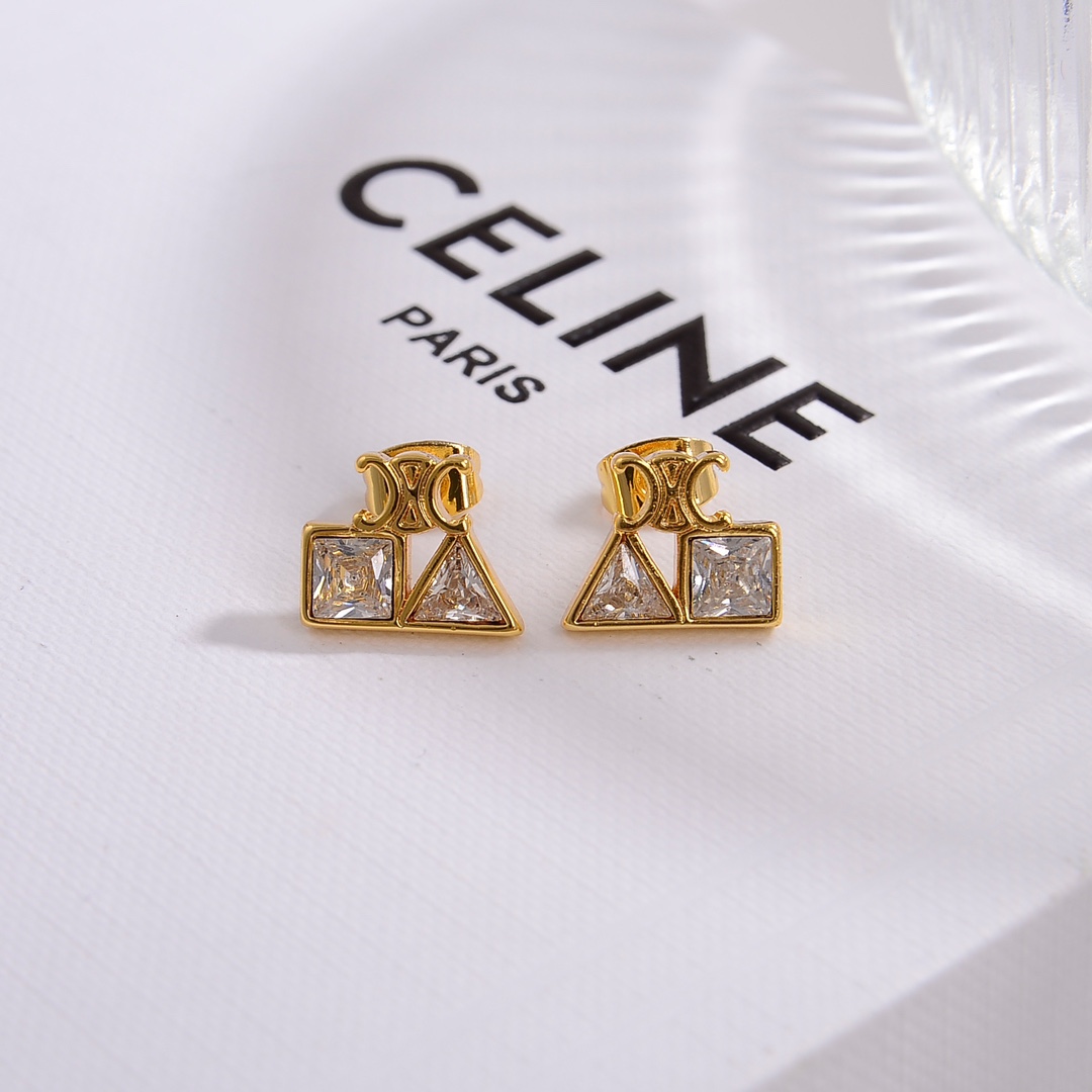 Celine Geometric Earrings In Brass With Gold Finish And Strass - FashionPlug