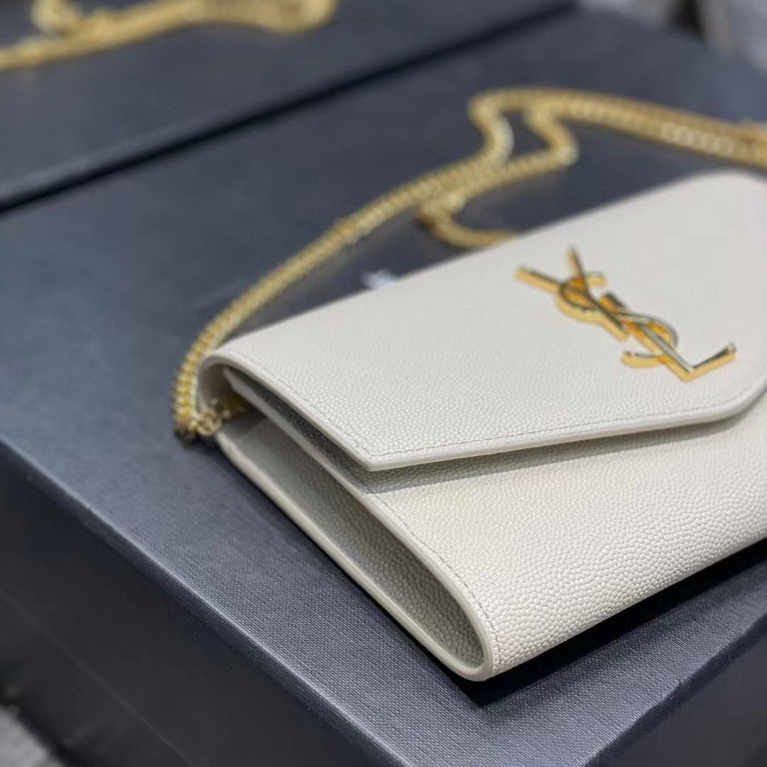 Saint Laurent Uptown Chain Wallet In Crocodile - Embossed Shiny Leather - FashionPlug