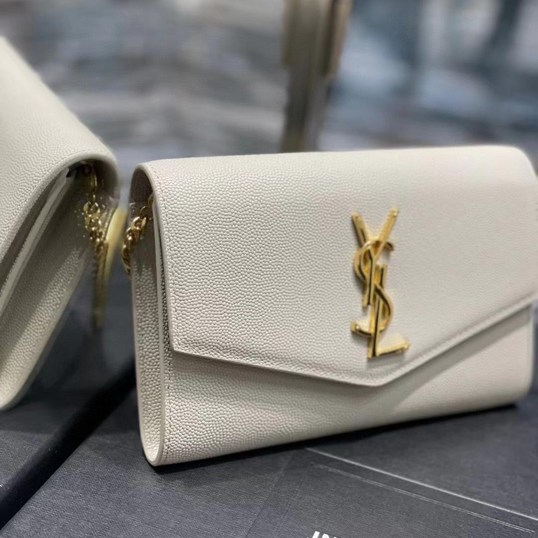 Saint Laurent Uptown Chain Wallet In Crocodile - Embossed Shiny Leather - FashionPlug