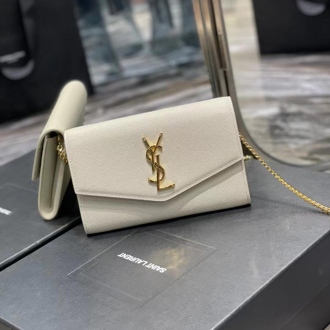 Saint Laurent Uptown Chain Wallet In Crocodile - Embossed Shiny Leather - FashionPlug
