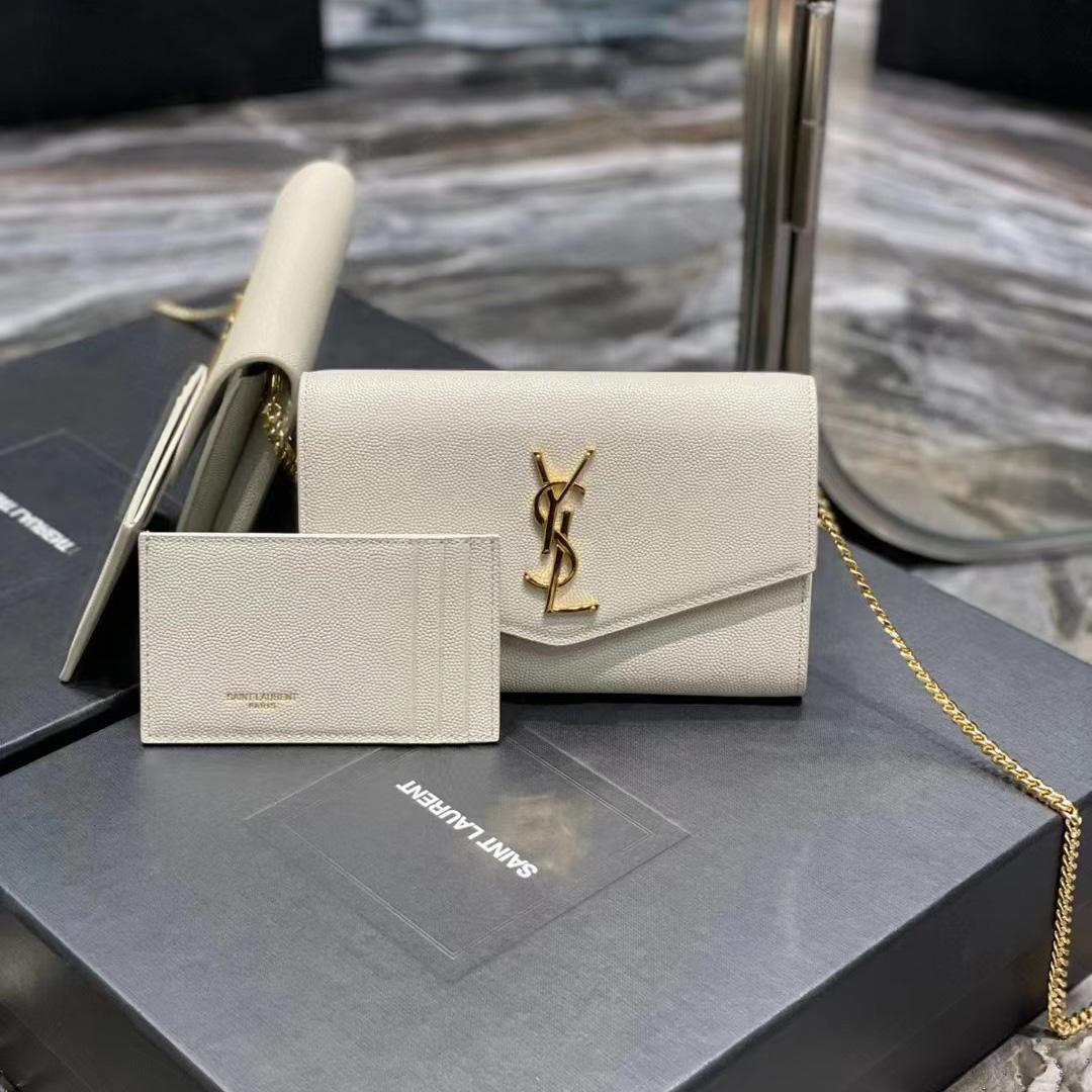 Saint Laurent Uptown Chain Wallet In Crocodile - Embossed Shiny Leather - FashionPlug