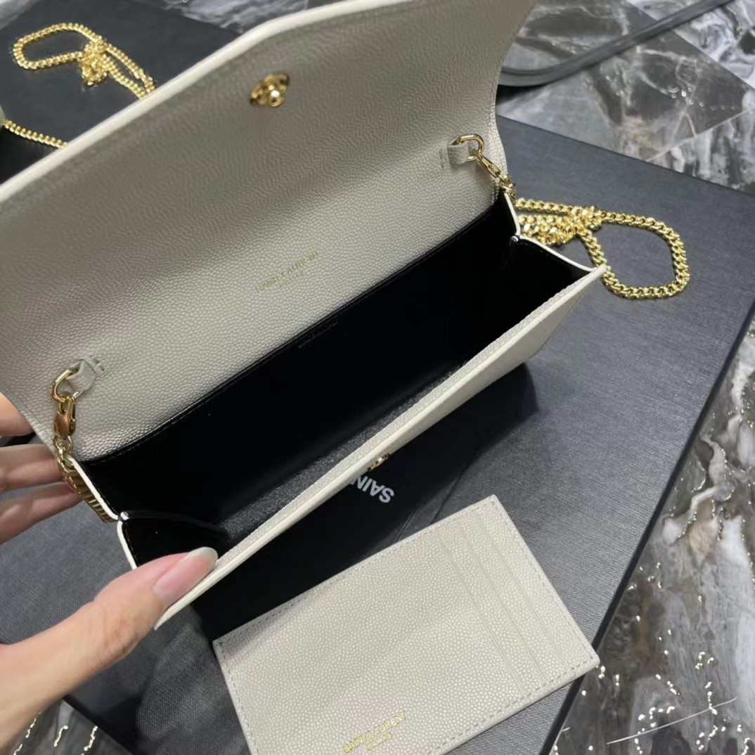 Saint Laurent Uptown Chain Wallet In Crocodile - Embossed Shiny Leather - FashionPlug