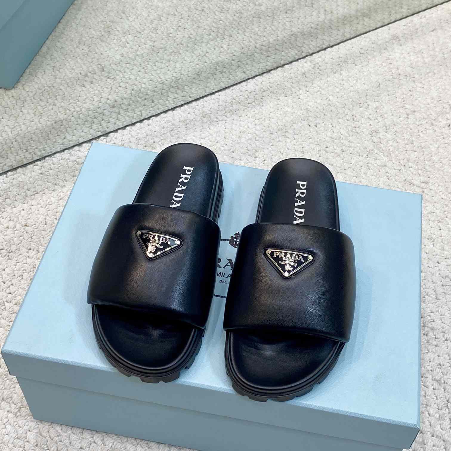 Prada Padded Nappa Leather Slides - FashionPlug