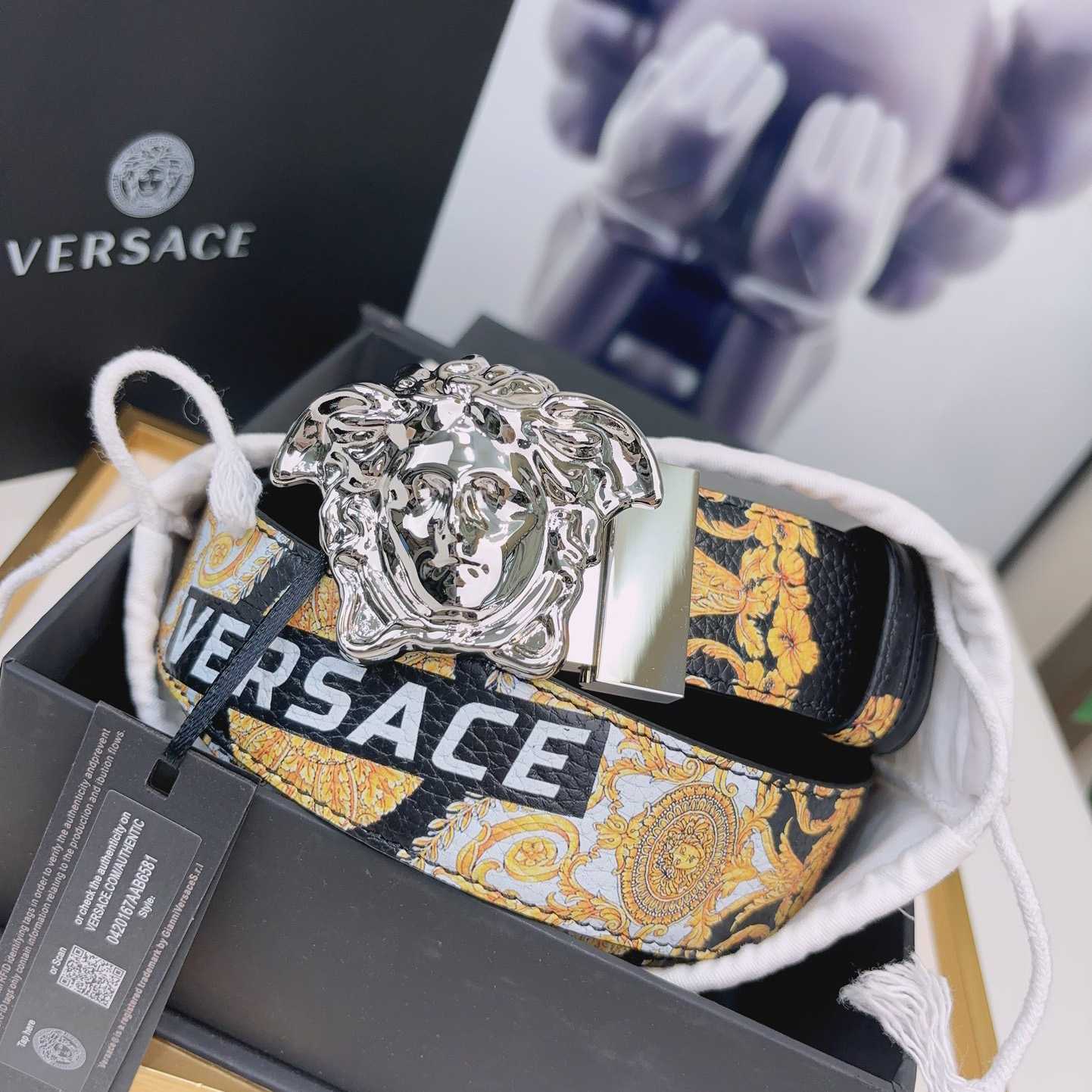 Versace La Medusa Logo-buckle Barocco-print Belt   40mm - FashionPlug