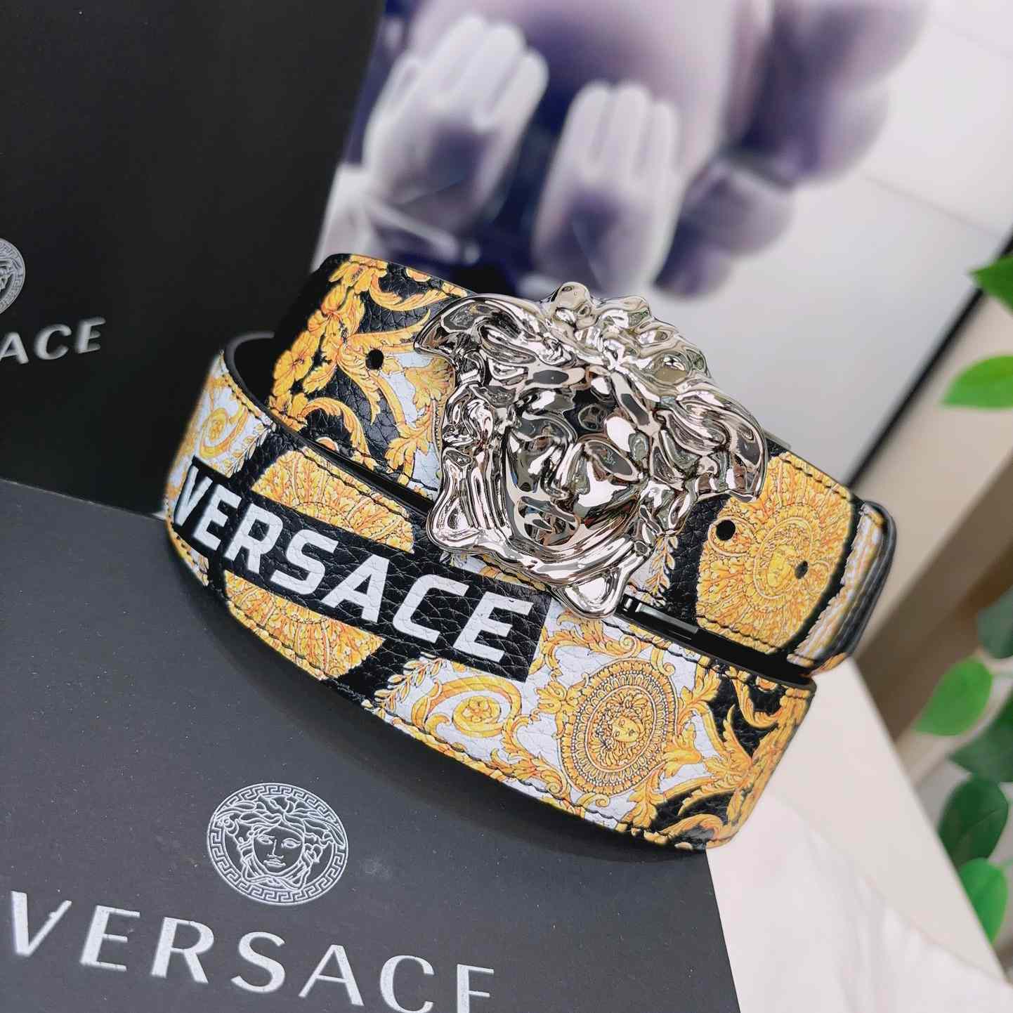 Versace La Medusa Logo-buckle Barocco-print Belt   40mm - FashionPlug