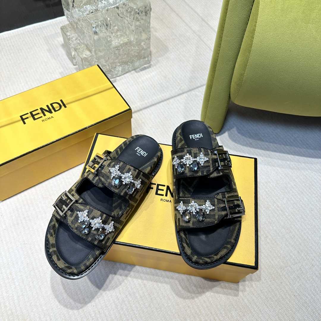 Fendi Feel Brown Fabric Slides - FashionPlug