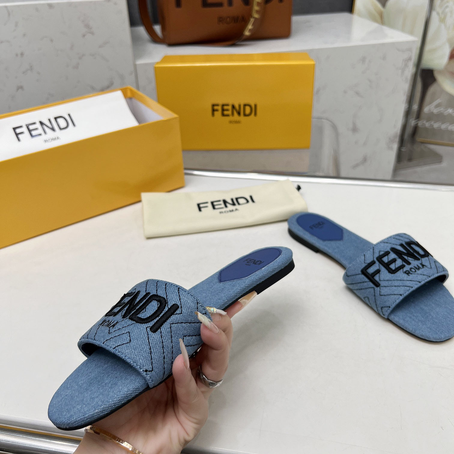 Fendi Signature Blue Denim Slides - FashionPlug