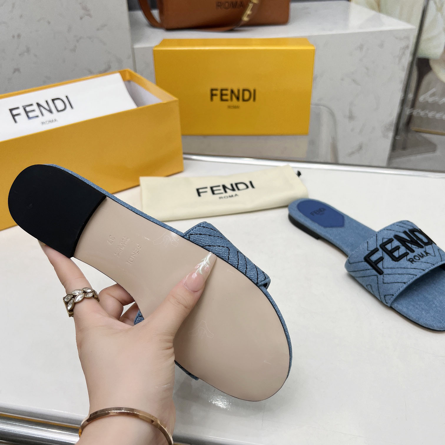Fendi Signature Blue Denim Slides - FashionPlug