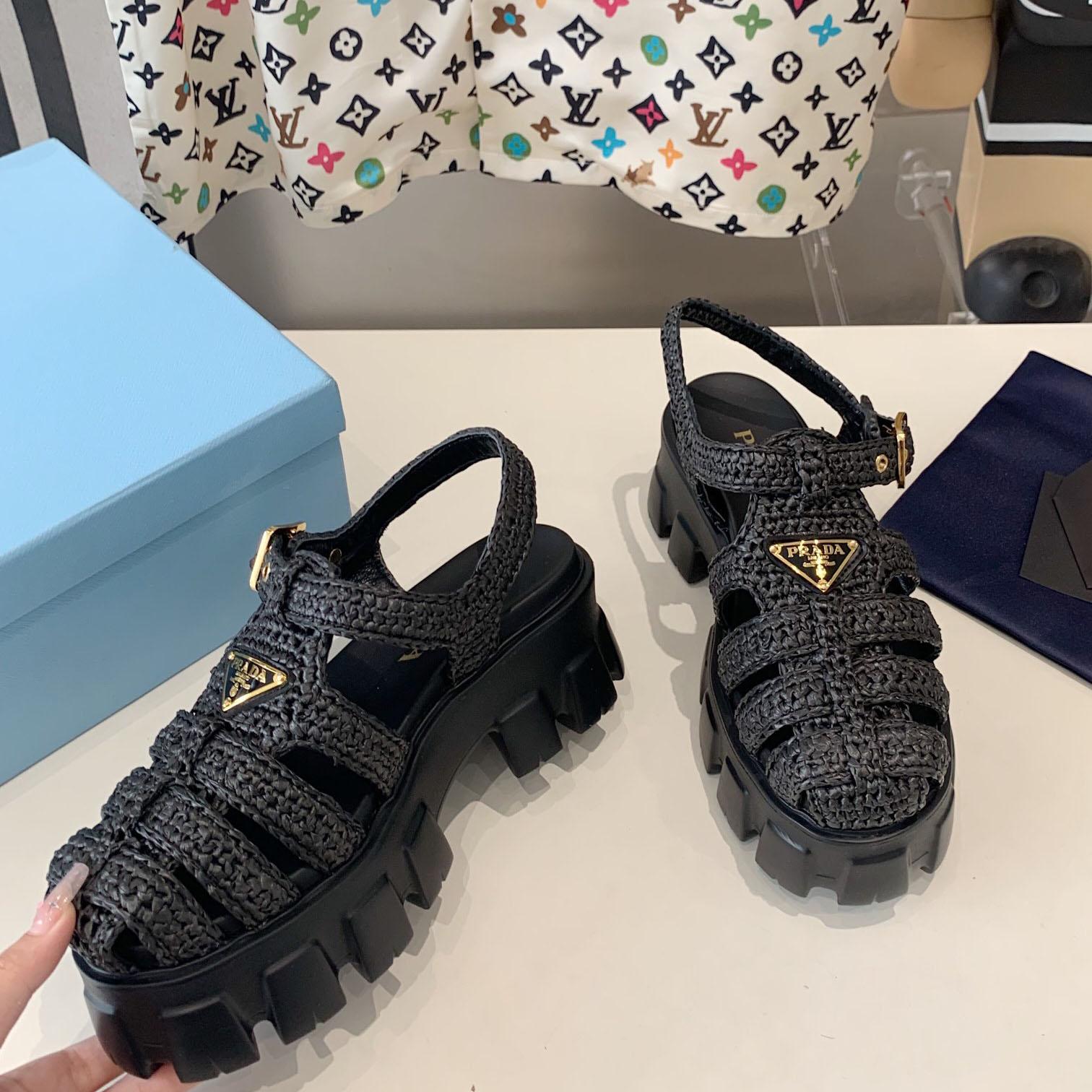 Prada Monolith Crochet Cage Sandals - FashionPlug