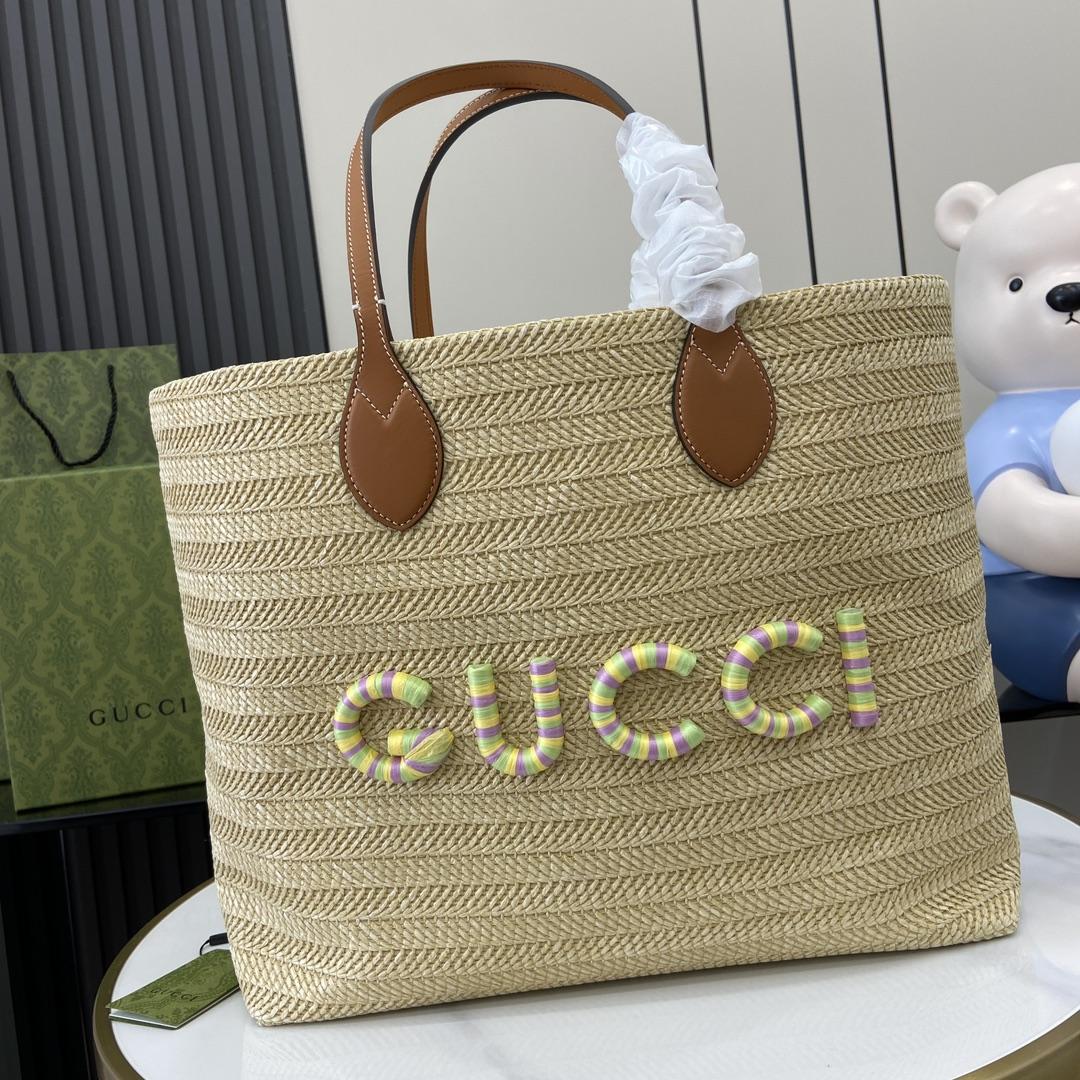 Gucci Medium Straw-effect Tote - FashionPlug