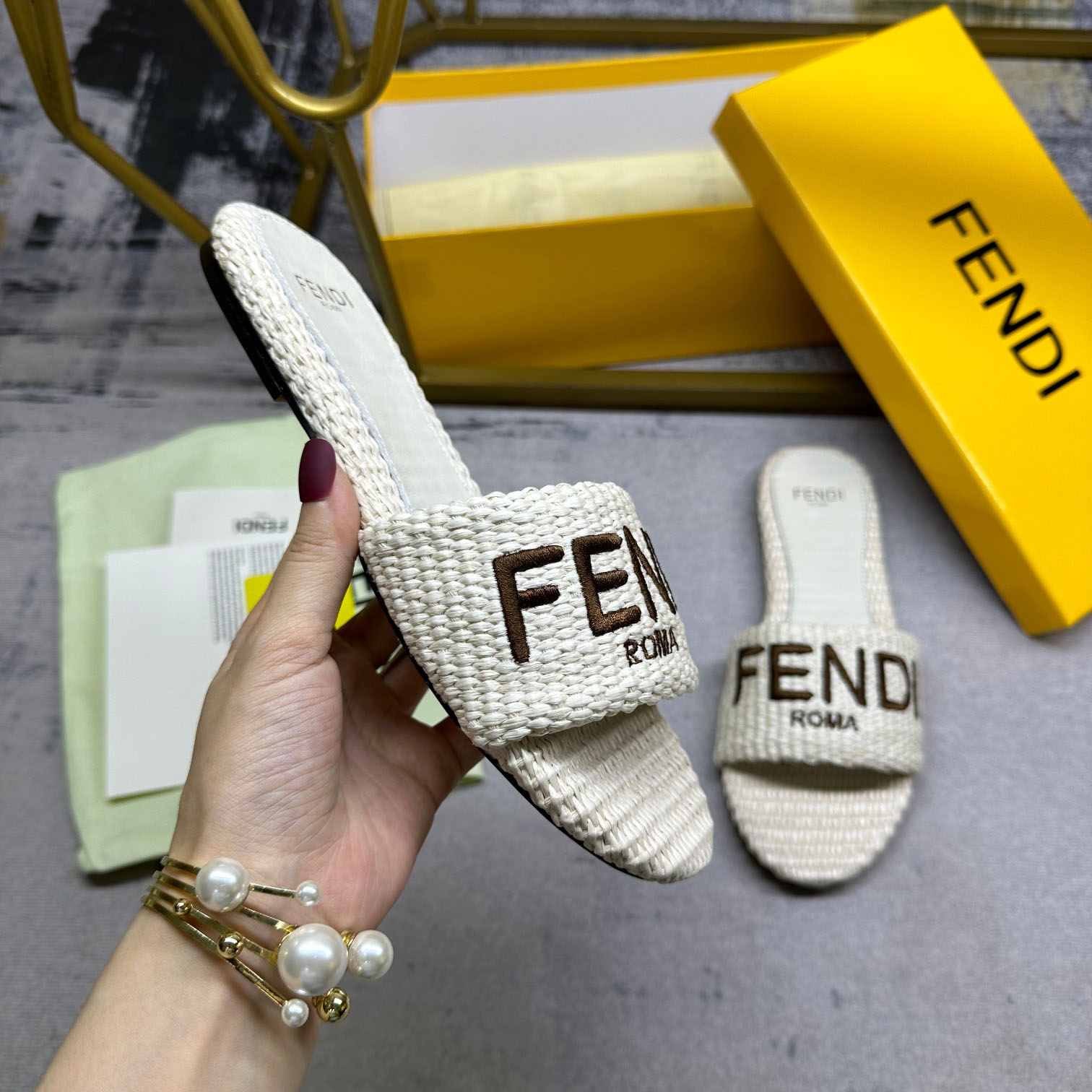 Fendi Signature Natural Raffia Slides - FashionPlug