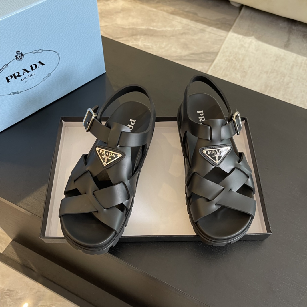 Prada Crisscross Rubber Sandals - FashionPlug