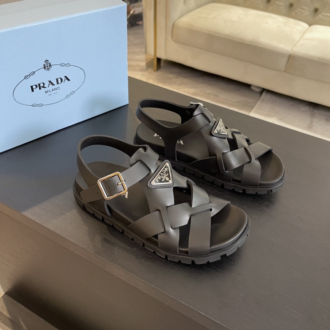 Prada Crisscross Rubber Sandals - FashionPlug