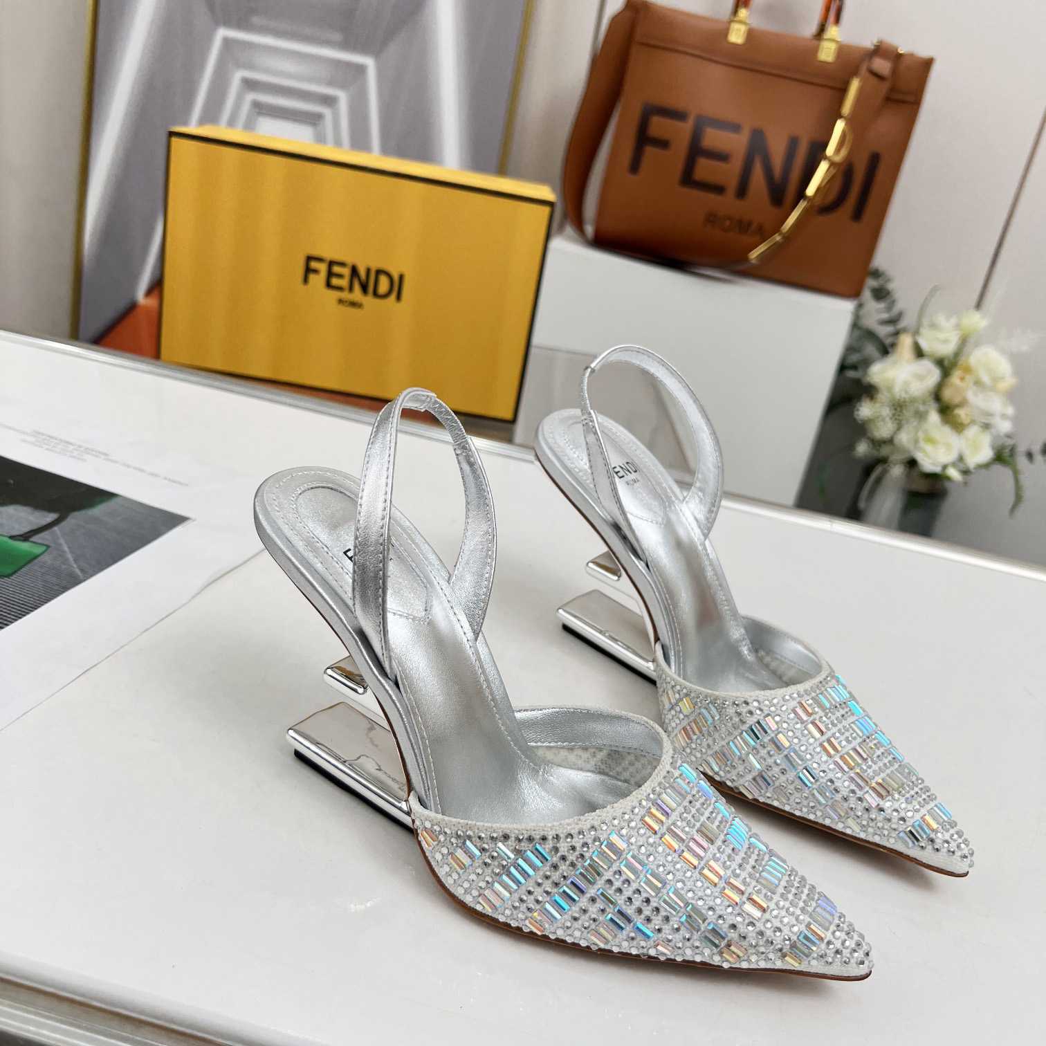 Fendi First Silver-colored Rhinestone High-heeled Slingbacks - FashionPlug