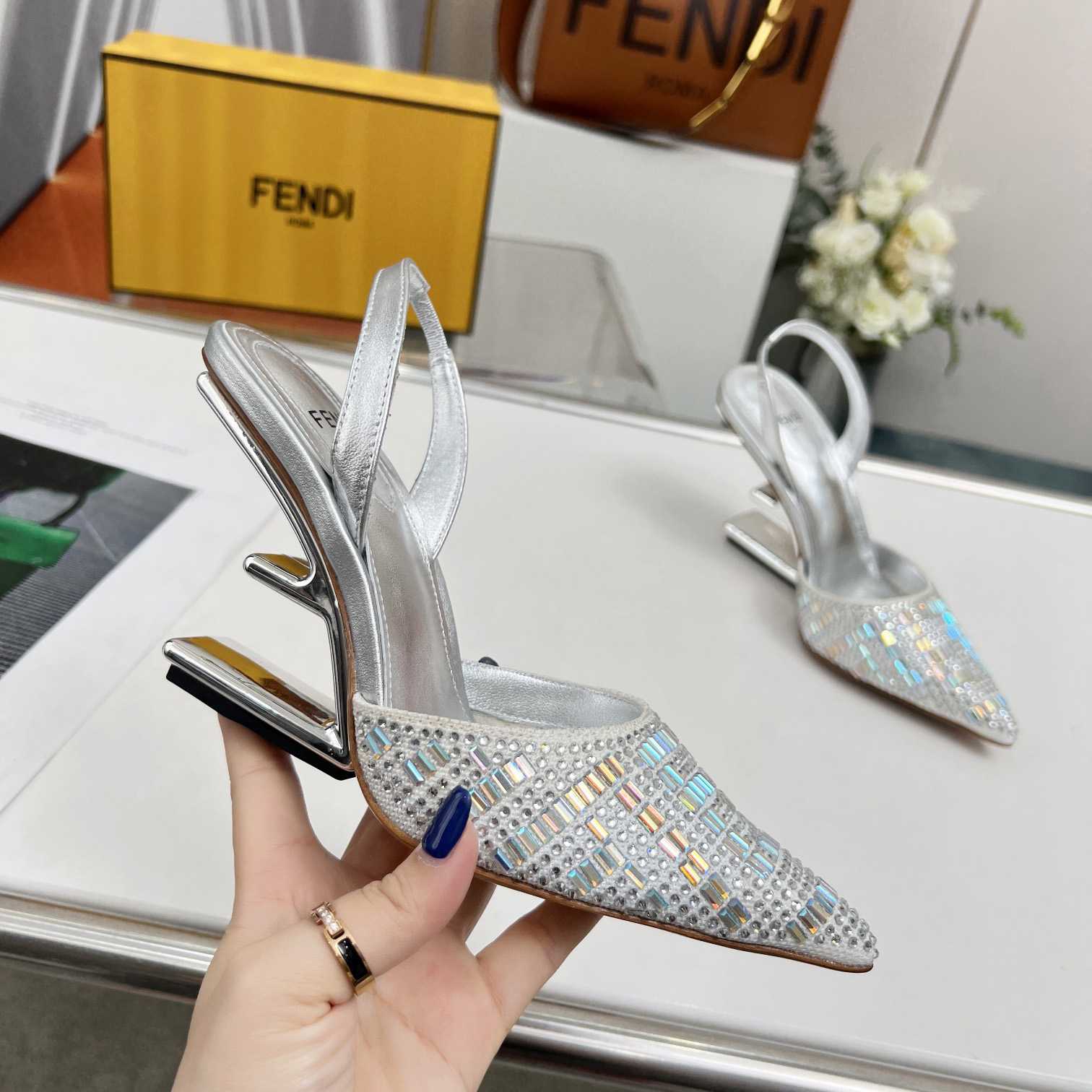 Fendi First Silver-colored Rhinestone High-heeled Slingbacks - FashionPlug