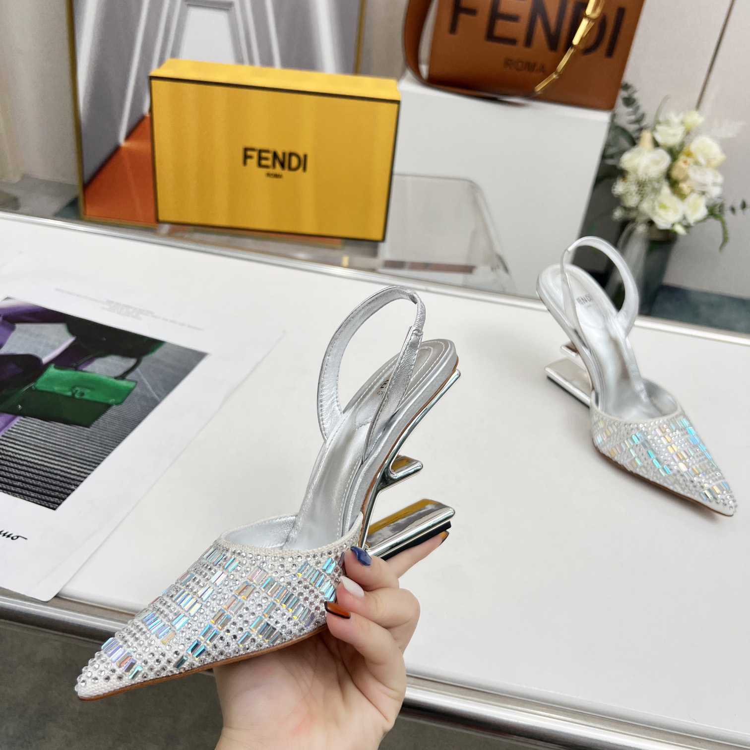 Fendi First Silver-colored Rhinestone High-heeled Slingbacks - FashionPlug
