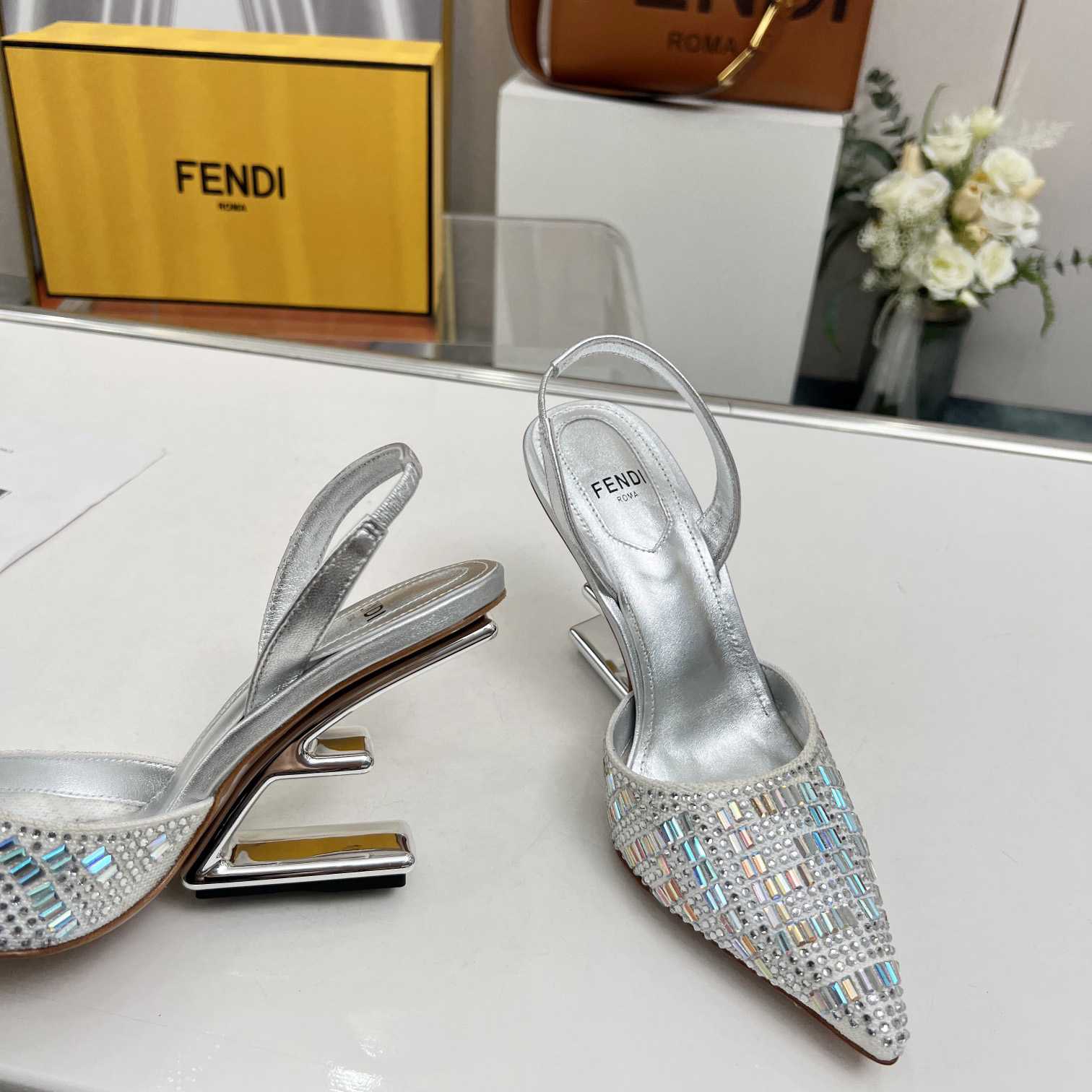 Fendi First Silver-colored Rhinestone High-heeled Slingbacks - FashionPlug
