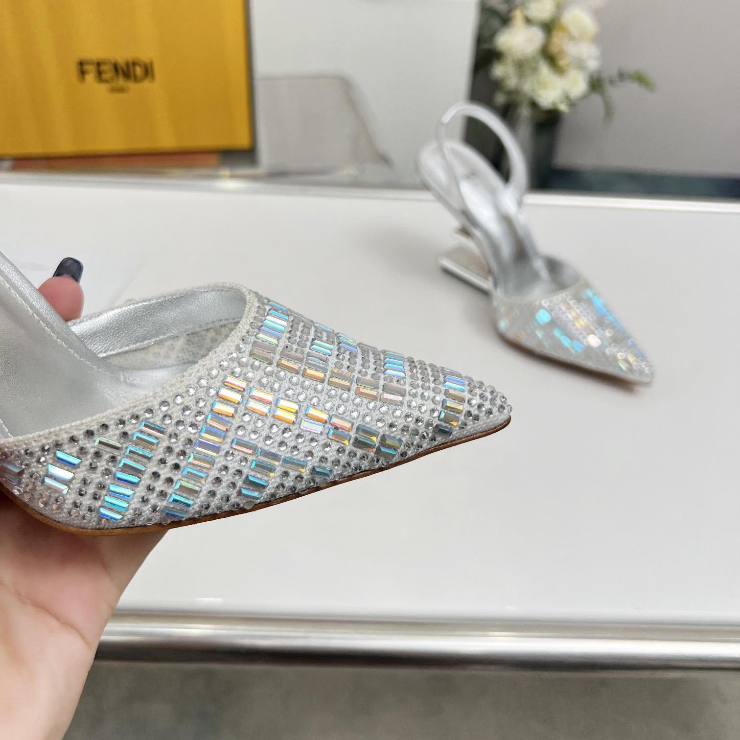 Fendi First Silver-colored Rhinestone High-heeled Slingbacks - FashionPlug