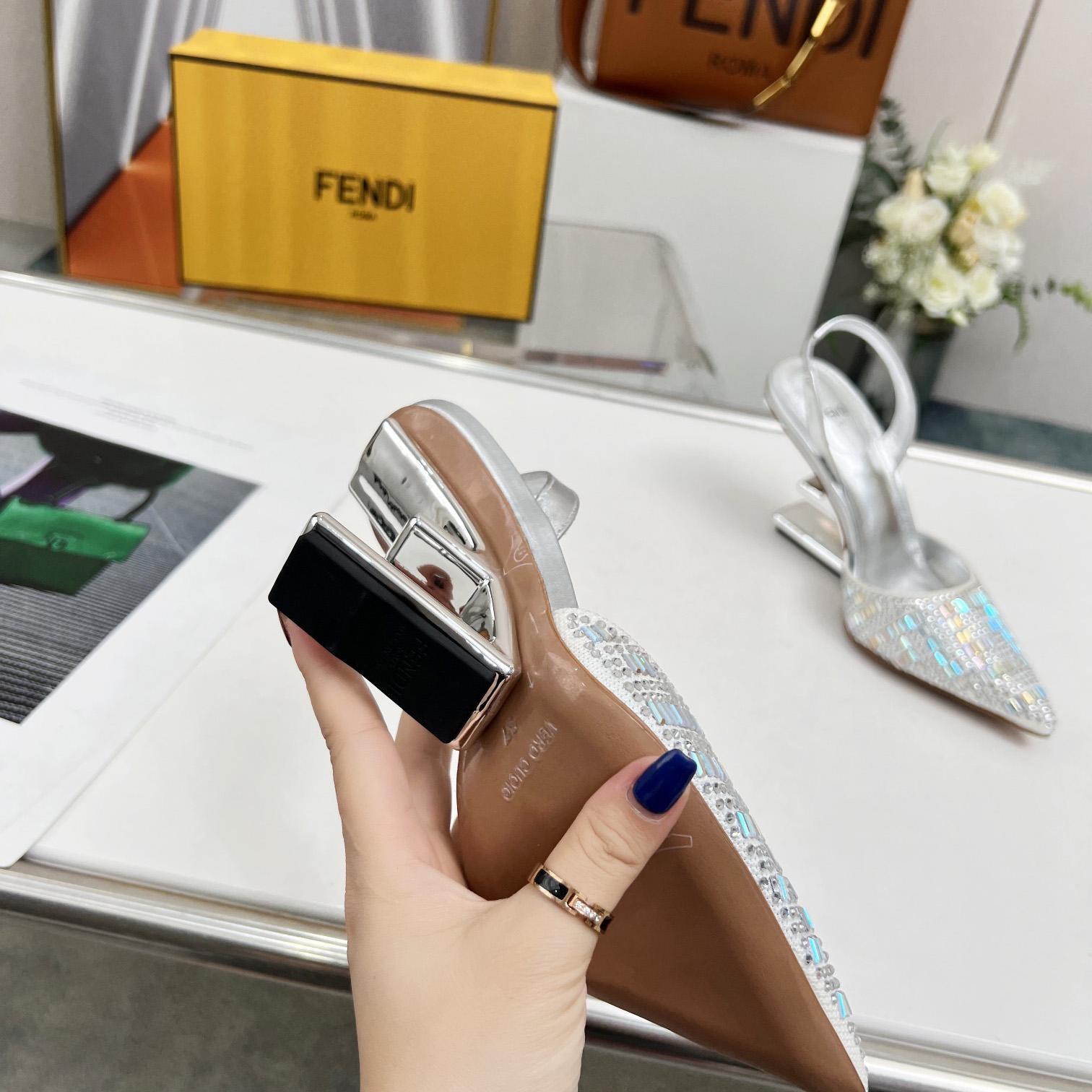 Fendi First Silver-colored Rhinestone High-heeled Slingbacks - FashionPlug