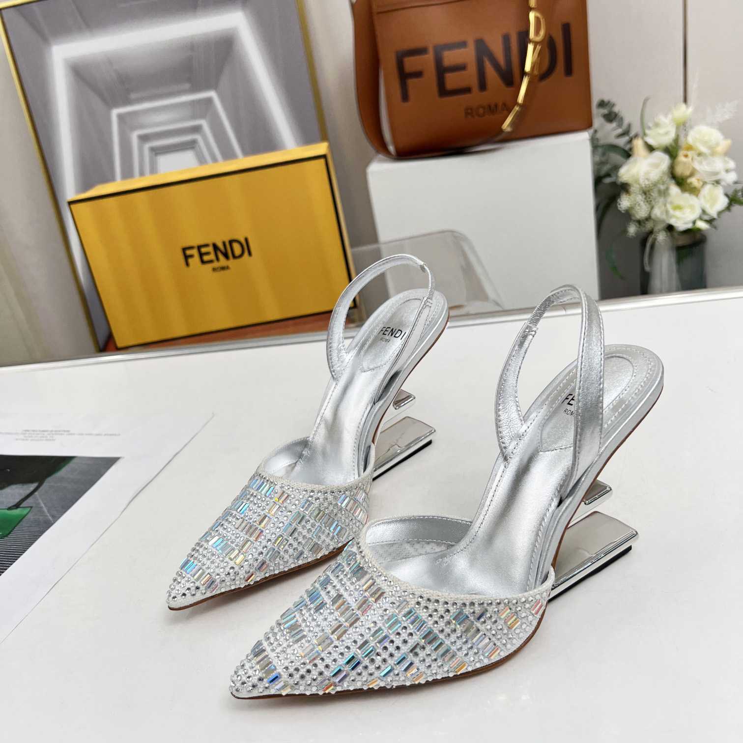 Fendi First Silver-colored Rhinestone High-heeled Slingbacks - FashionPlug