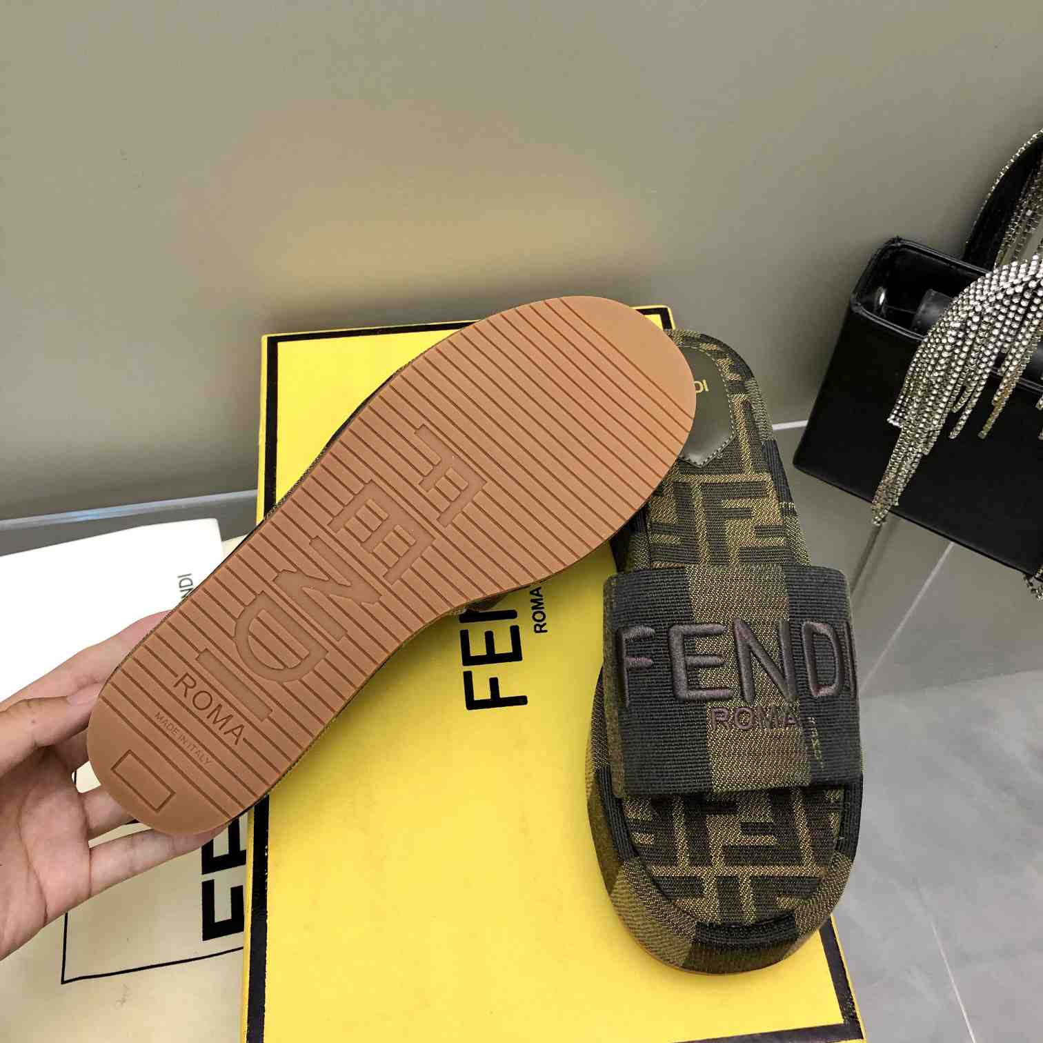 Fendi Sunshine Brown Fabric Flatform Slides - FashionPlug