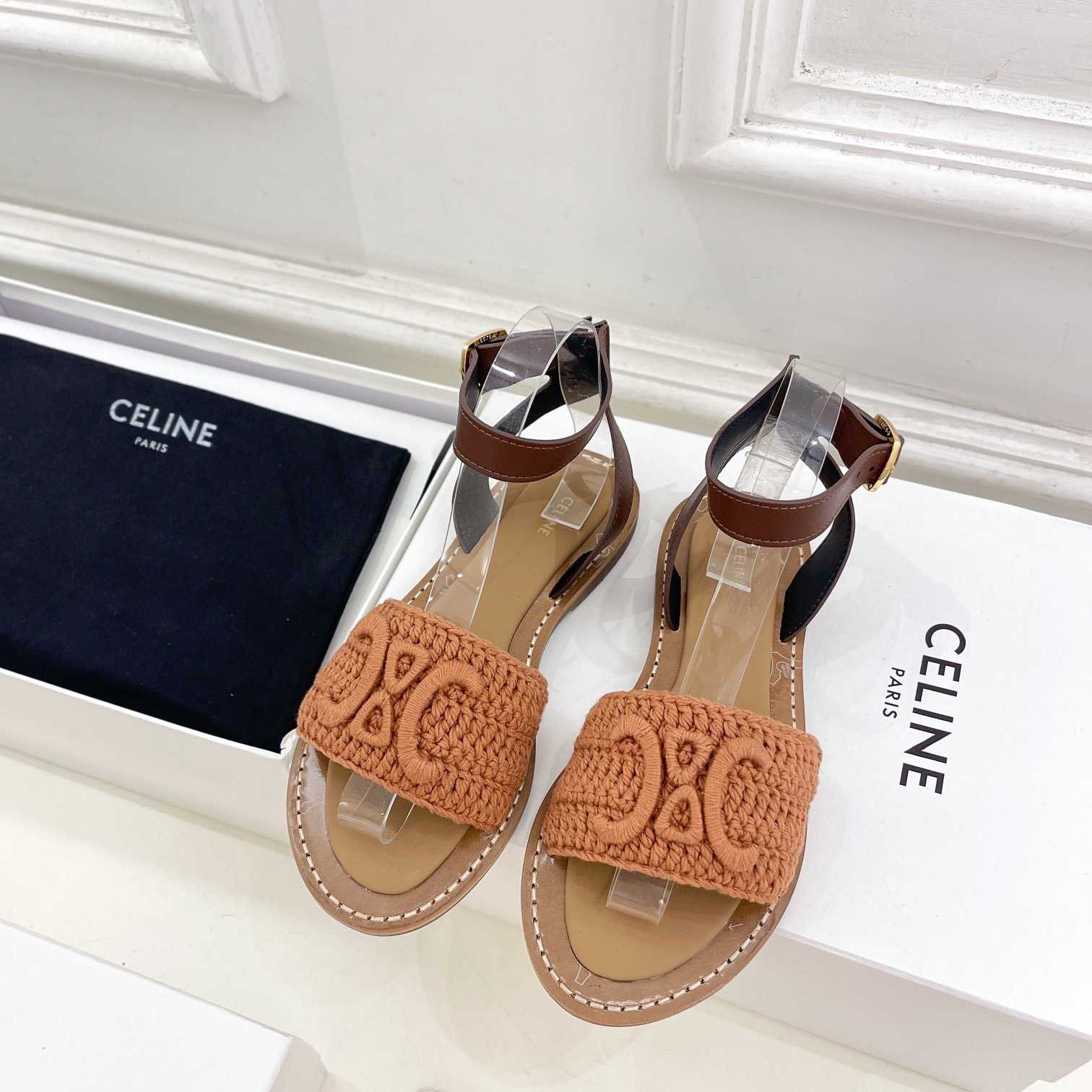 Celine Lympia Sandal In Triomphe Maccrame Cotton & Calfskin - FashionPlug