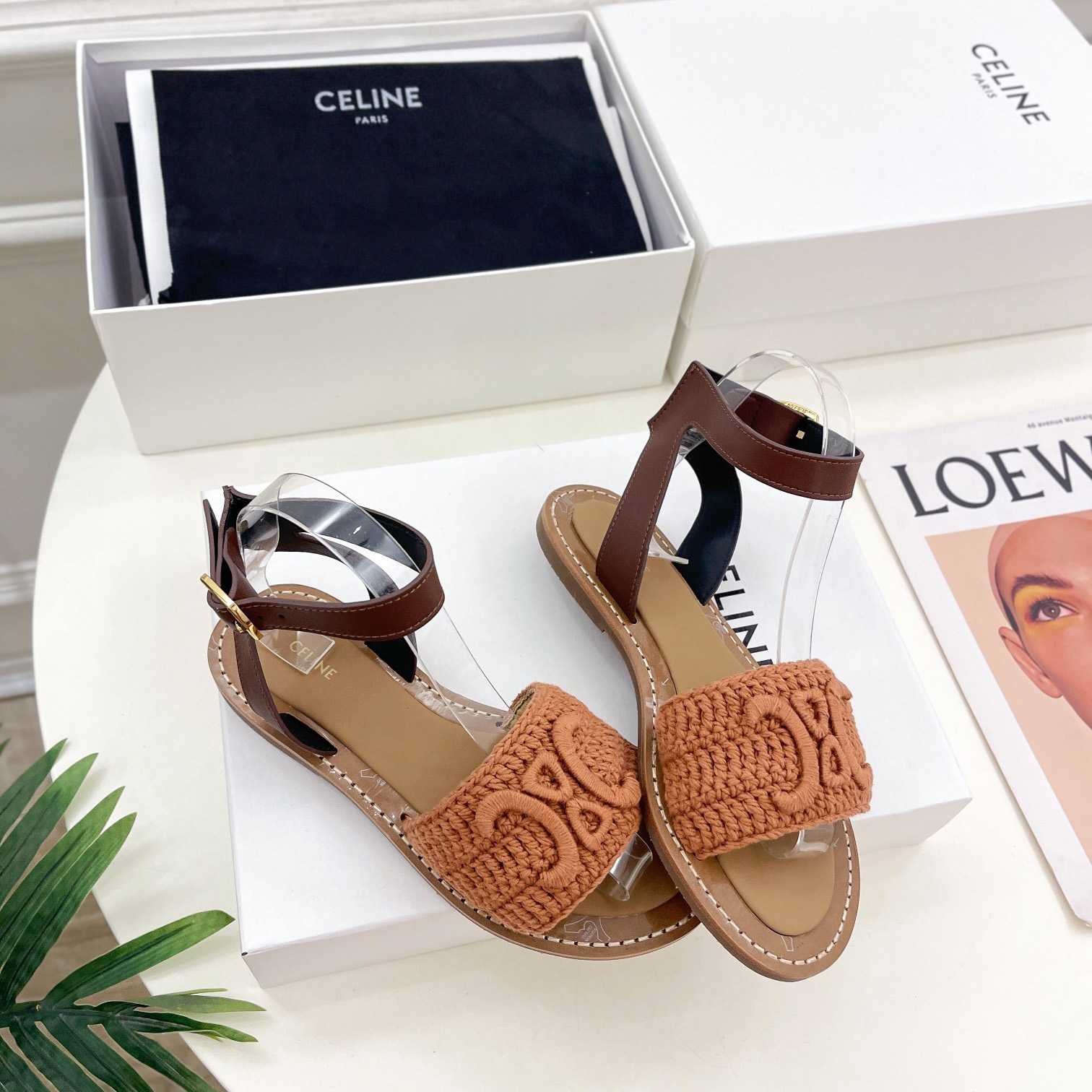 Celine Lympia Sandal In Triomphe Maccrame Cotton & Calfskin - FashionPlug