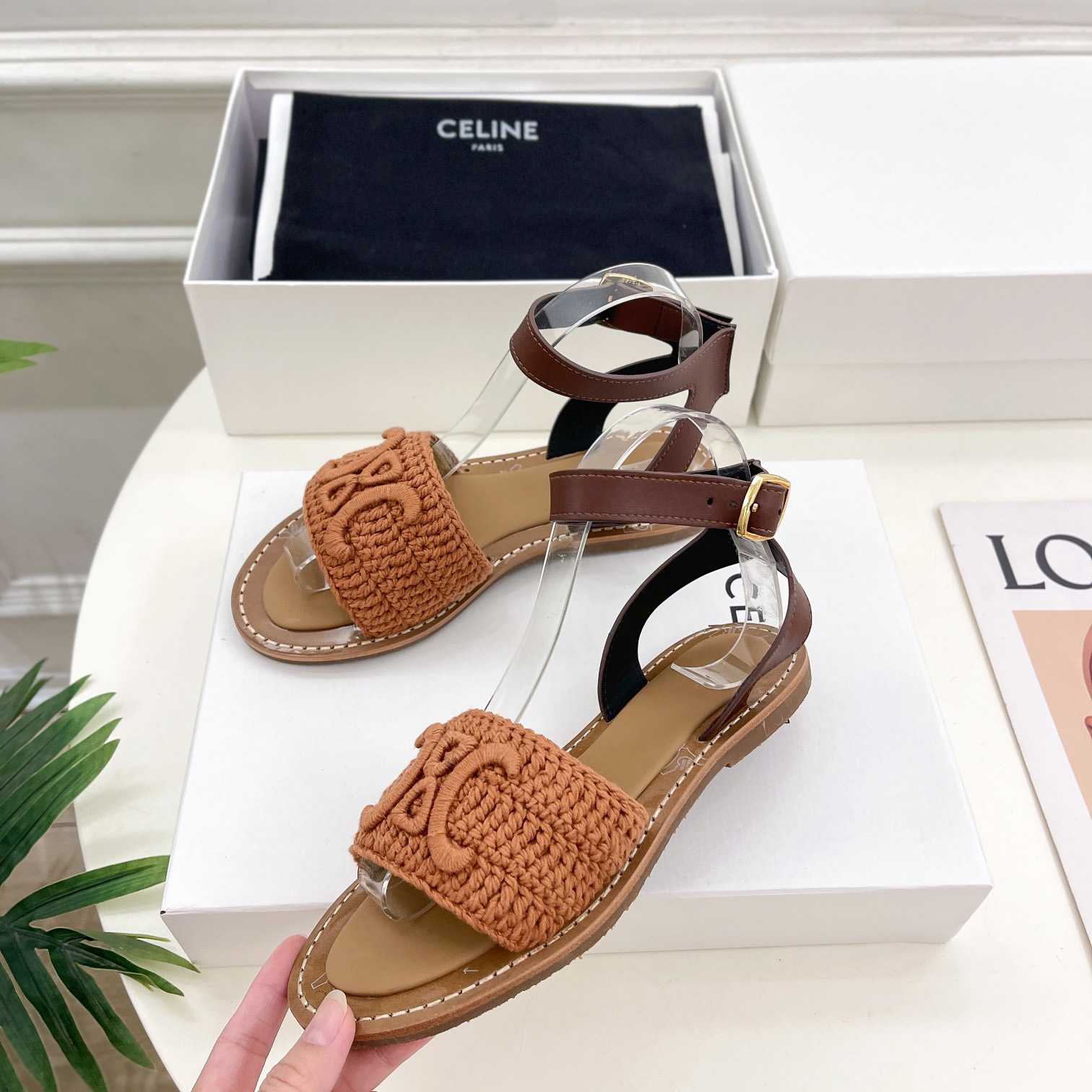 Celine Lympia Sandal In Triomphe Maccrame Cotton & Calfskin - FashionPlug
