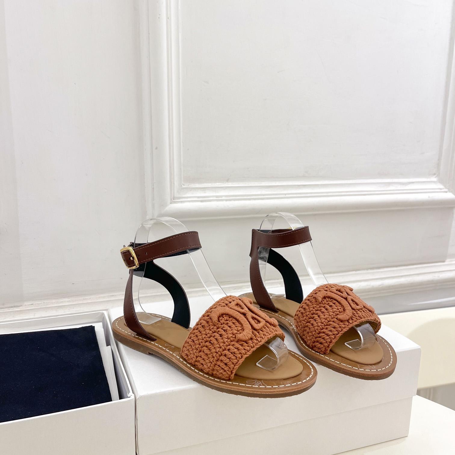 Celine Lympia Sandal In Triomphe Maccrame Cotton & Calfskin - FashionPlug