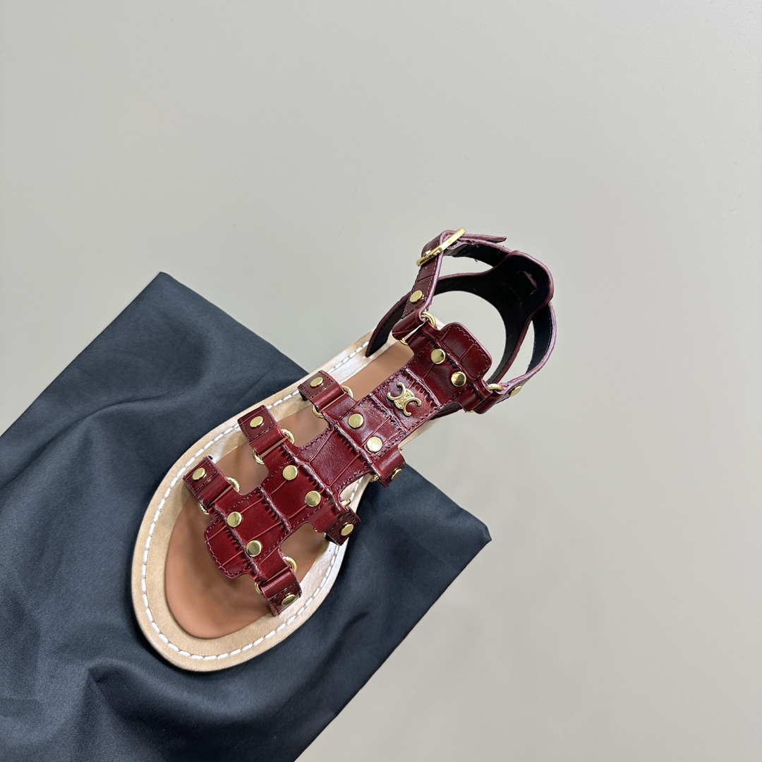 Celine Lympia Gladiator Sandal In Crocodile Stamped Calfskin Dark Brown - FashionPlug