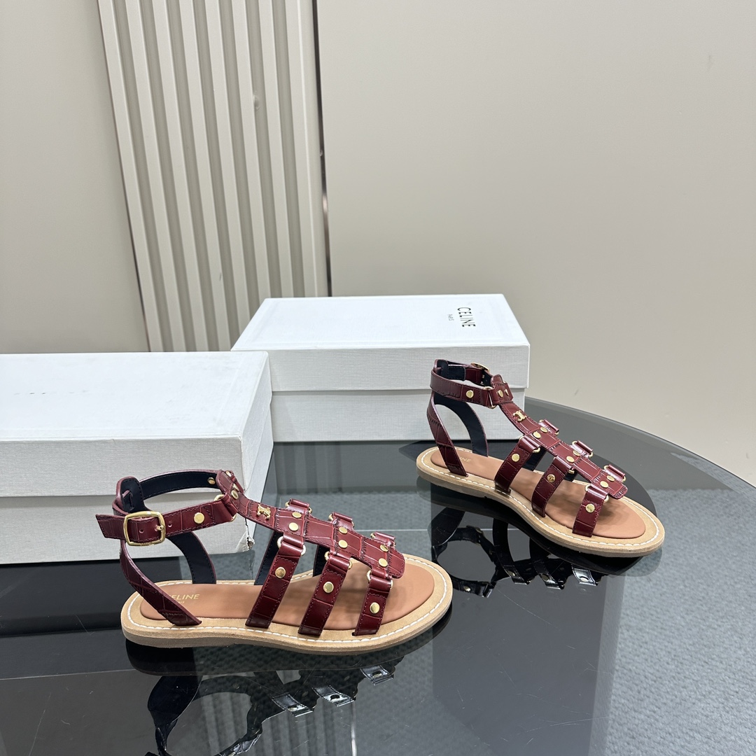 Celine Lympia Gladiator Sandal In Crocodile Stamped Calfskin Dark Brown - FashionPlug