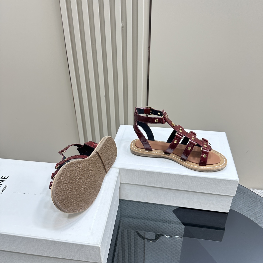 Celine Lympia Gladiator Sandal In Crocodile Stamped Calfskin Dark Brown - FashionPlug