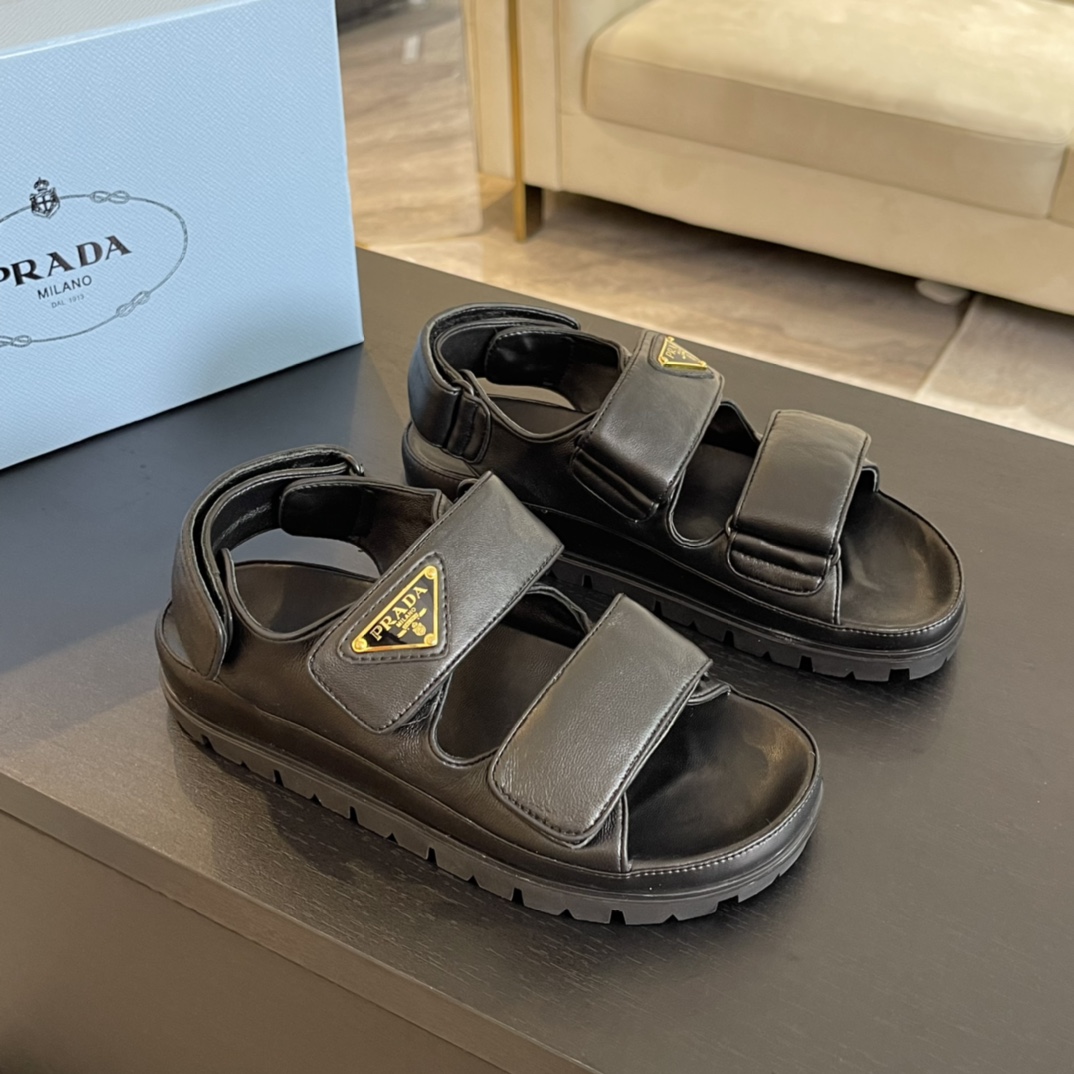 Prada Flat Nappa Leather Sandals - FashionPlug