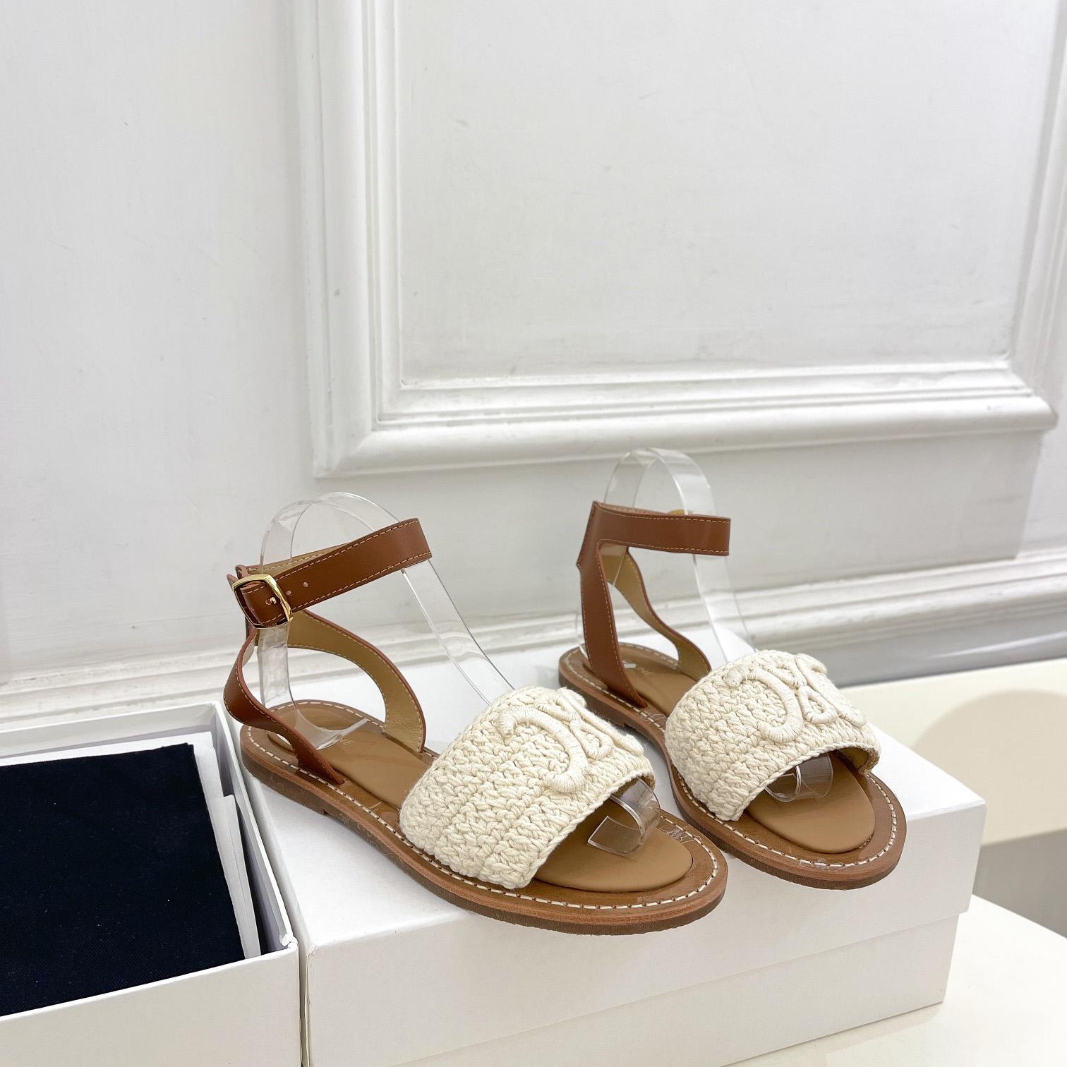Celine Lympia Sandal In Triomphe Maccrame Cotton & Calfskin - FashionPlug